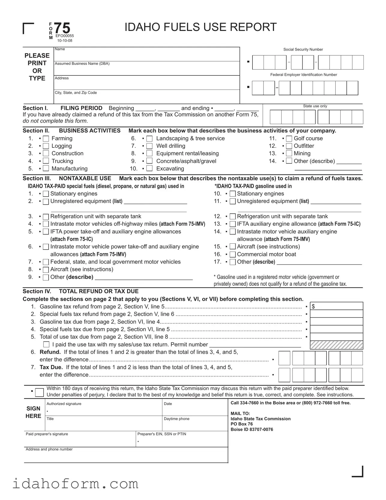 Fillable Idaho 75 Template