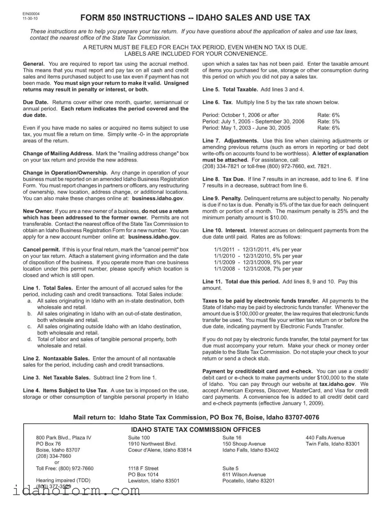 Fillable Idaho 850 Template