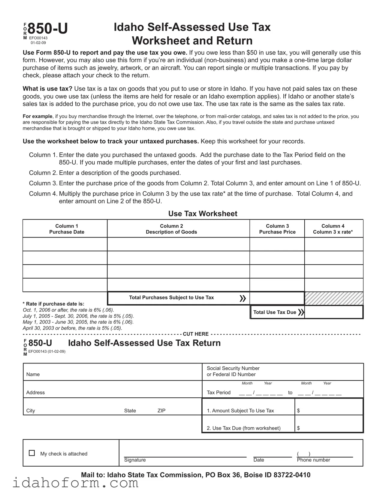 Fillable Idaho 850 U Template