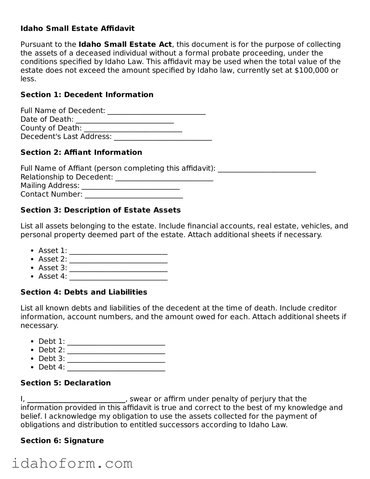 Printable  Small Estate Affidavit Form for Idaho
