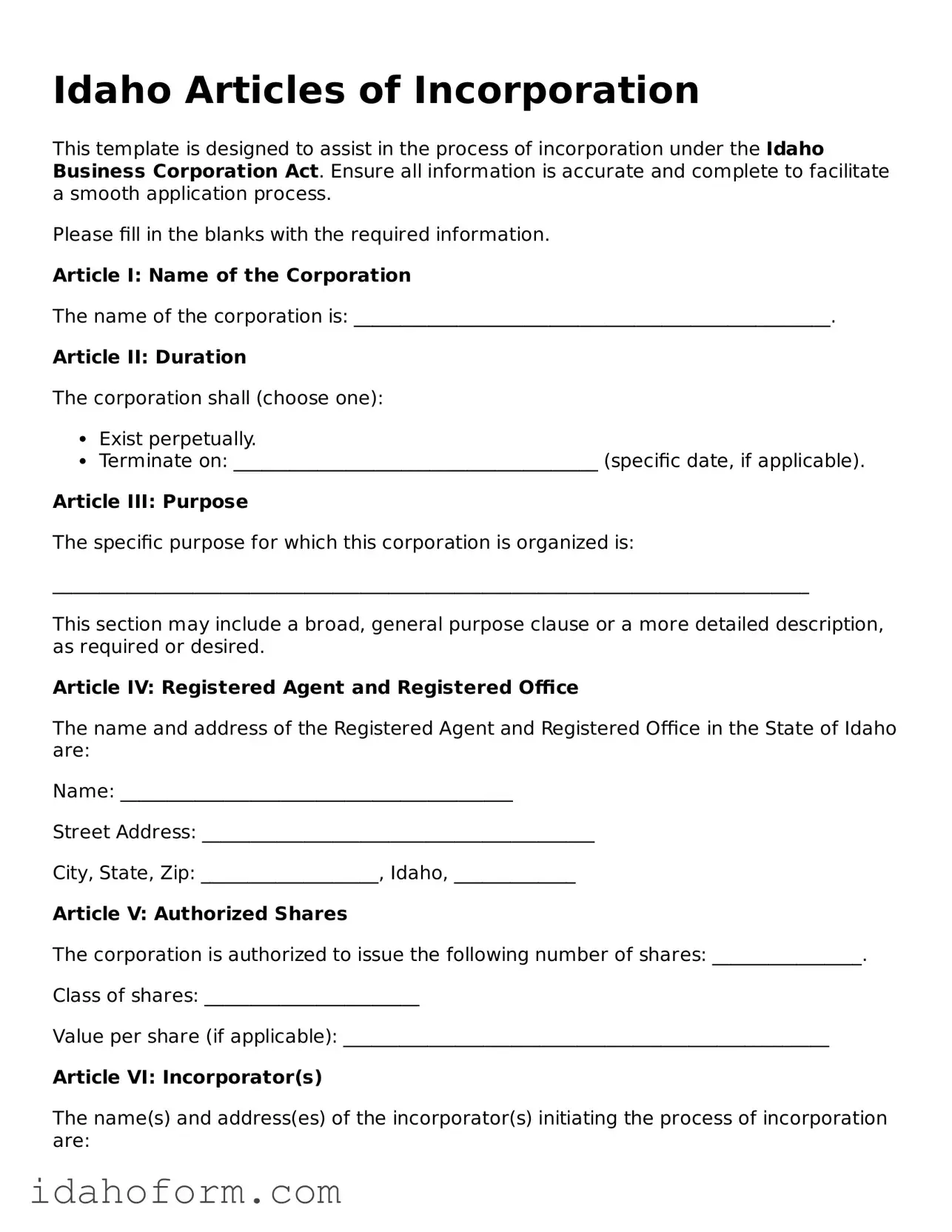 Printable  Articles of Incorporation Form for Idaho