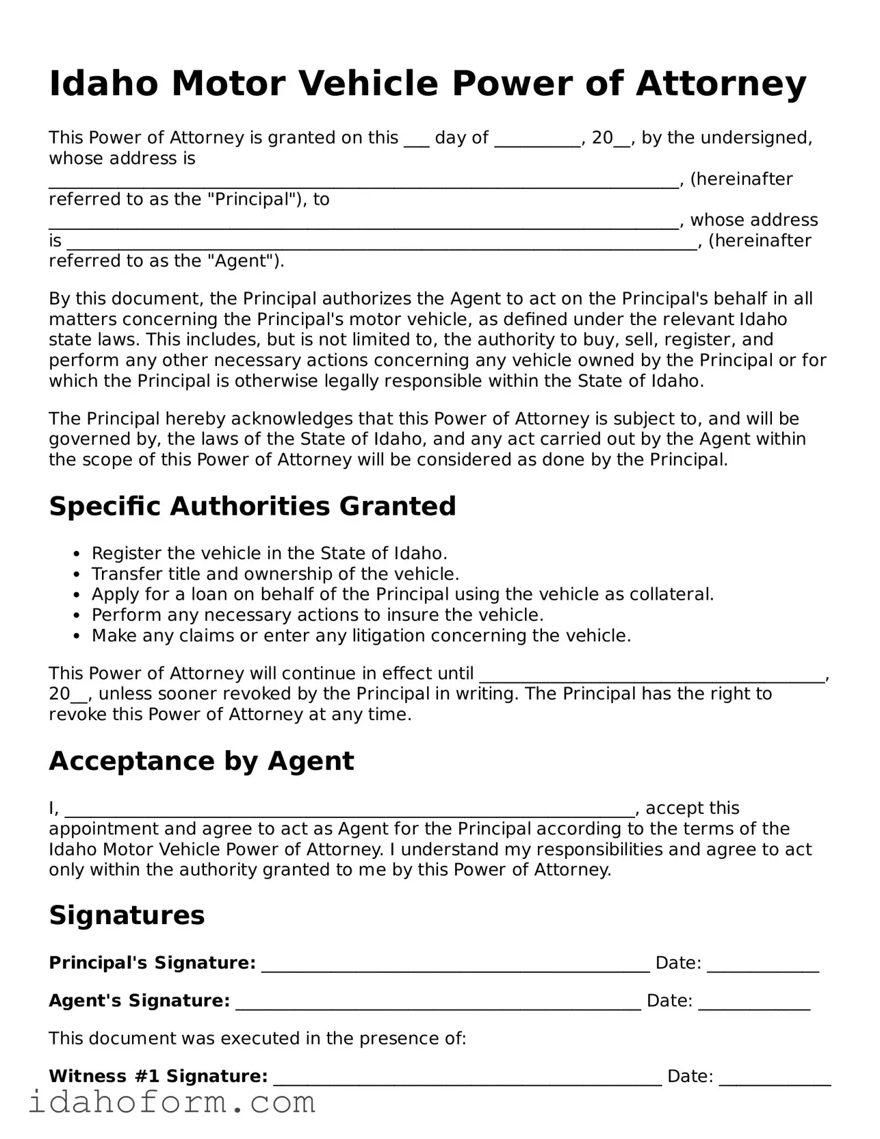 Printable  Motor Vehicle Power of Attorney Form for Idaho