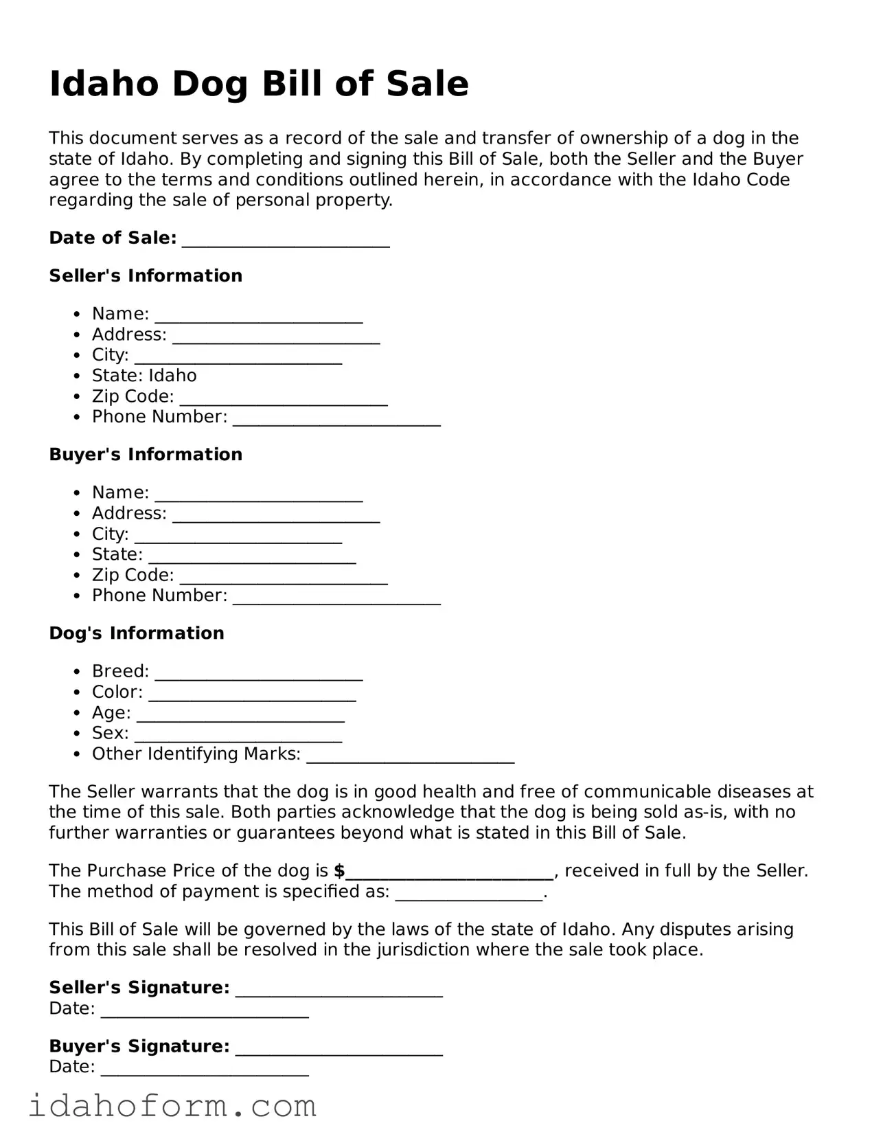 Printable  Dog Bill of Sale Form for Idaho