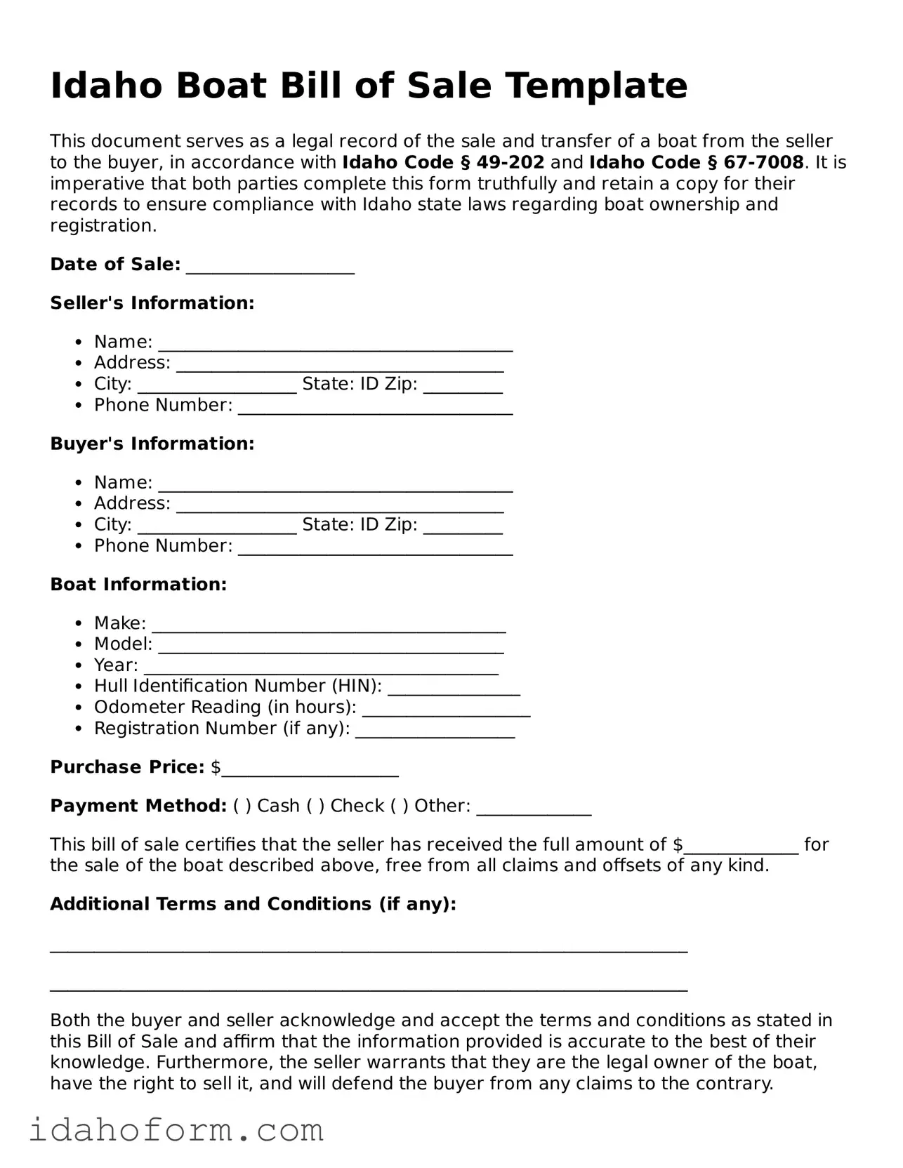 Printable  Boat Bill of Sale Form for Idaho