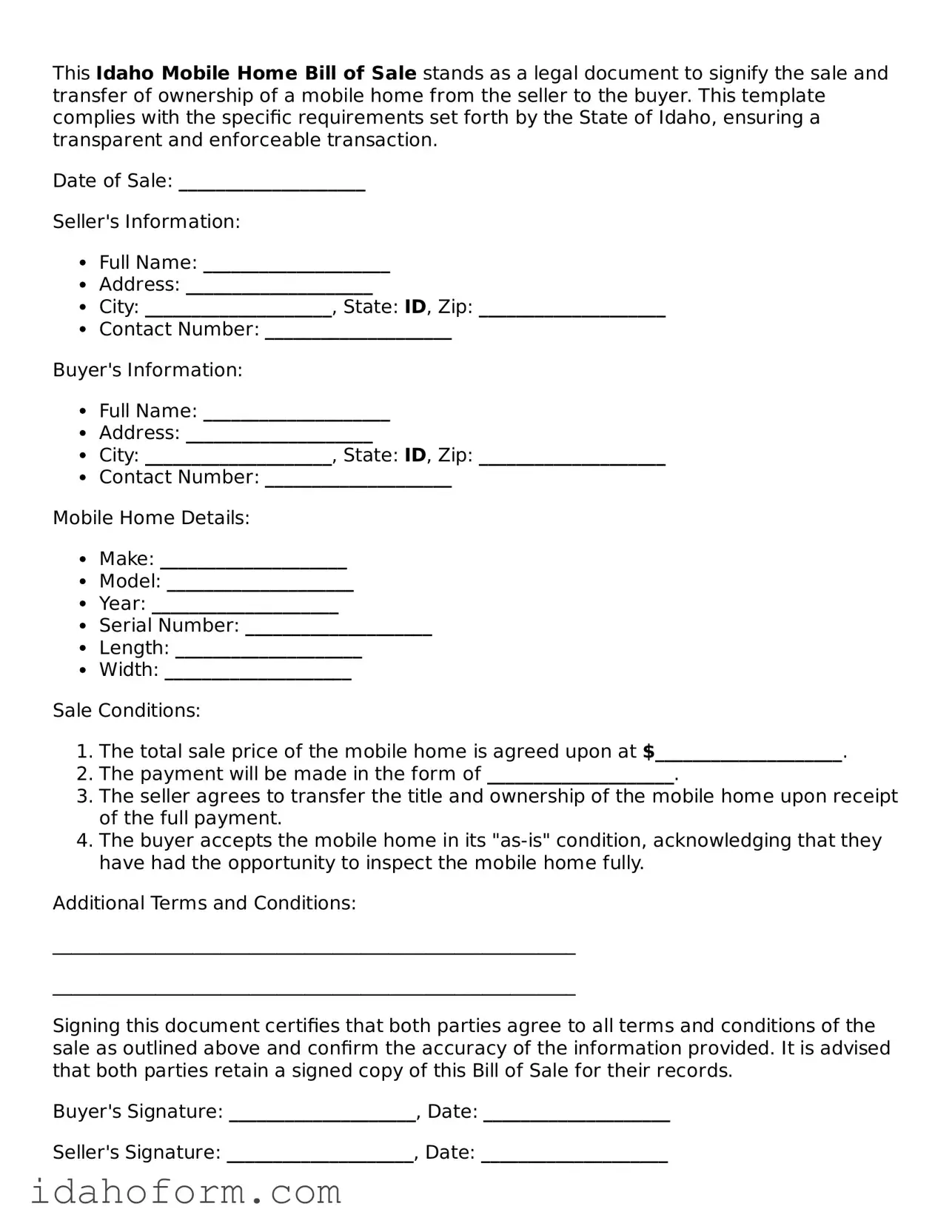 Printable  Mobile Home Bill of Sale Form for Idaho