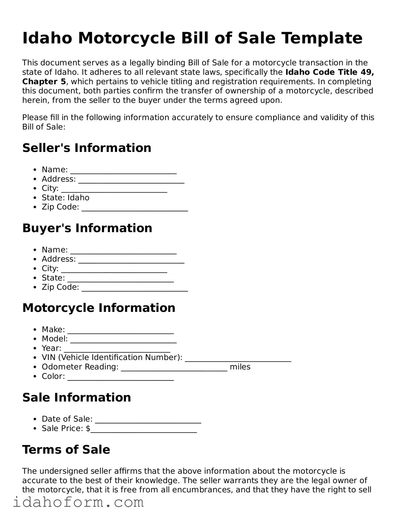 Printable  Motorcycle Bill of Sale Form for Idaho