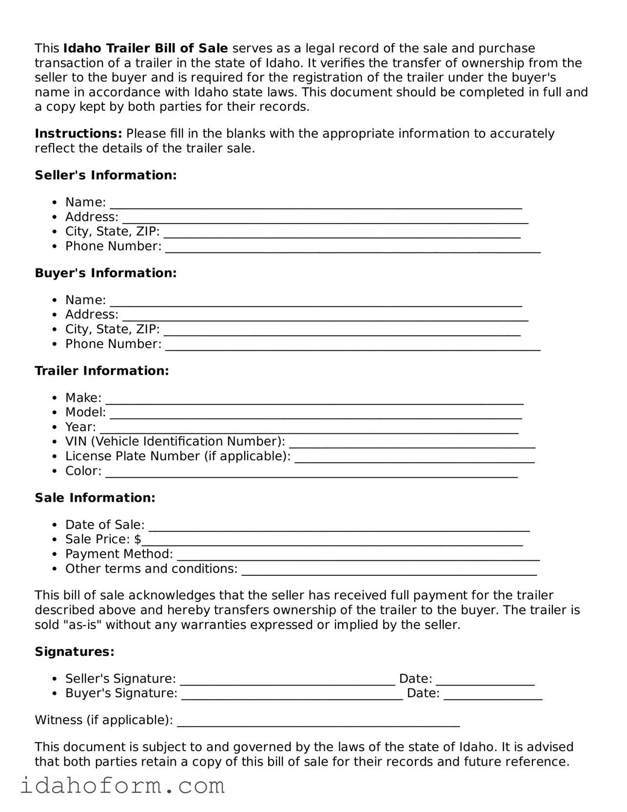 Printable  Trailer Bill of Sale Form for Idaho