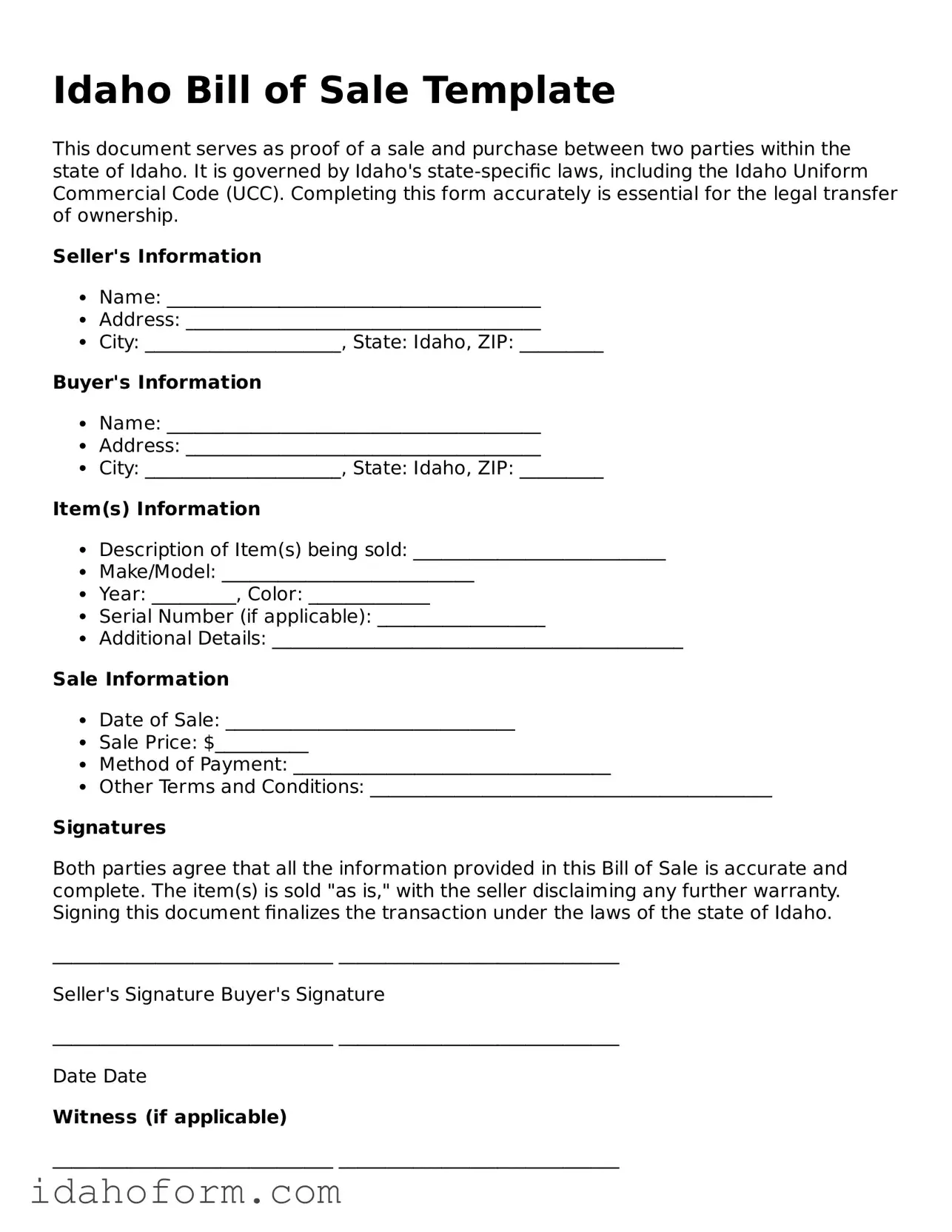 Printable  Bill of Sale Form for Idaho