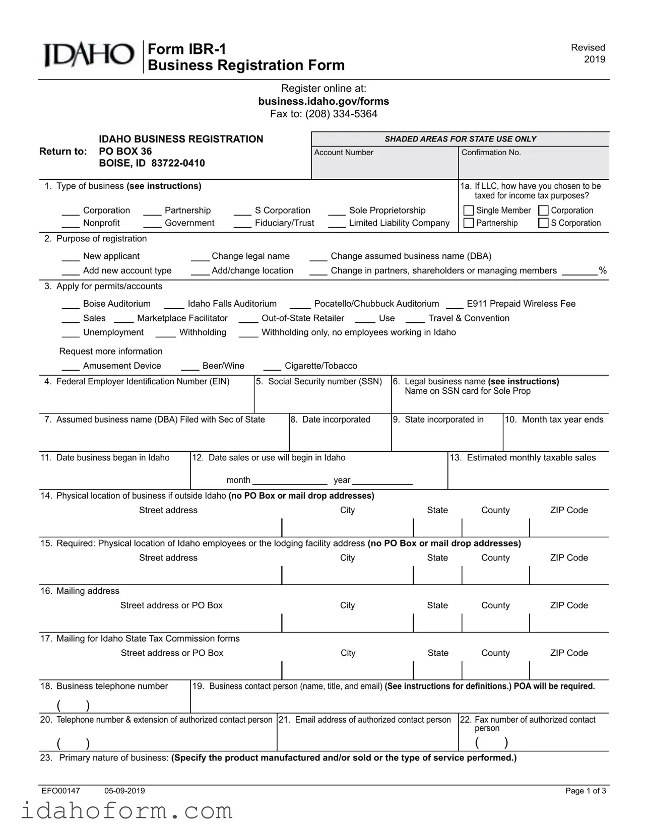 Fillable Idaho Business Registration Template