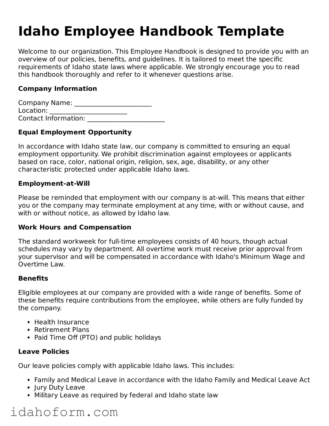 Printable  Employee Handbook Form for Idaho