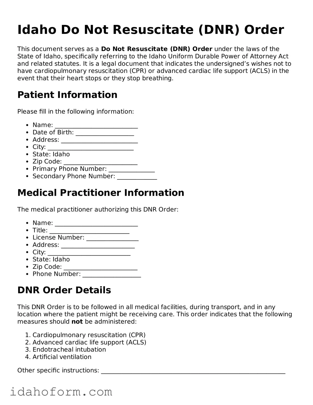 Printable  Do Not Resuscitate Order Form for Idaho