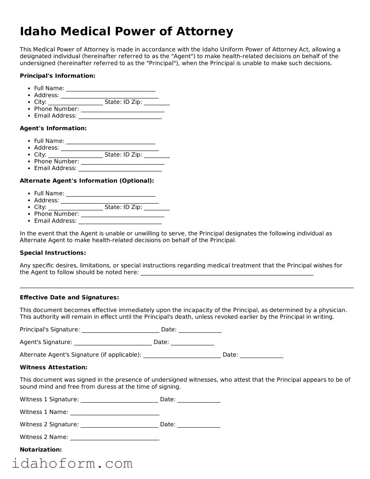 Printable  Medical Power of Attorney Form for Idaho