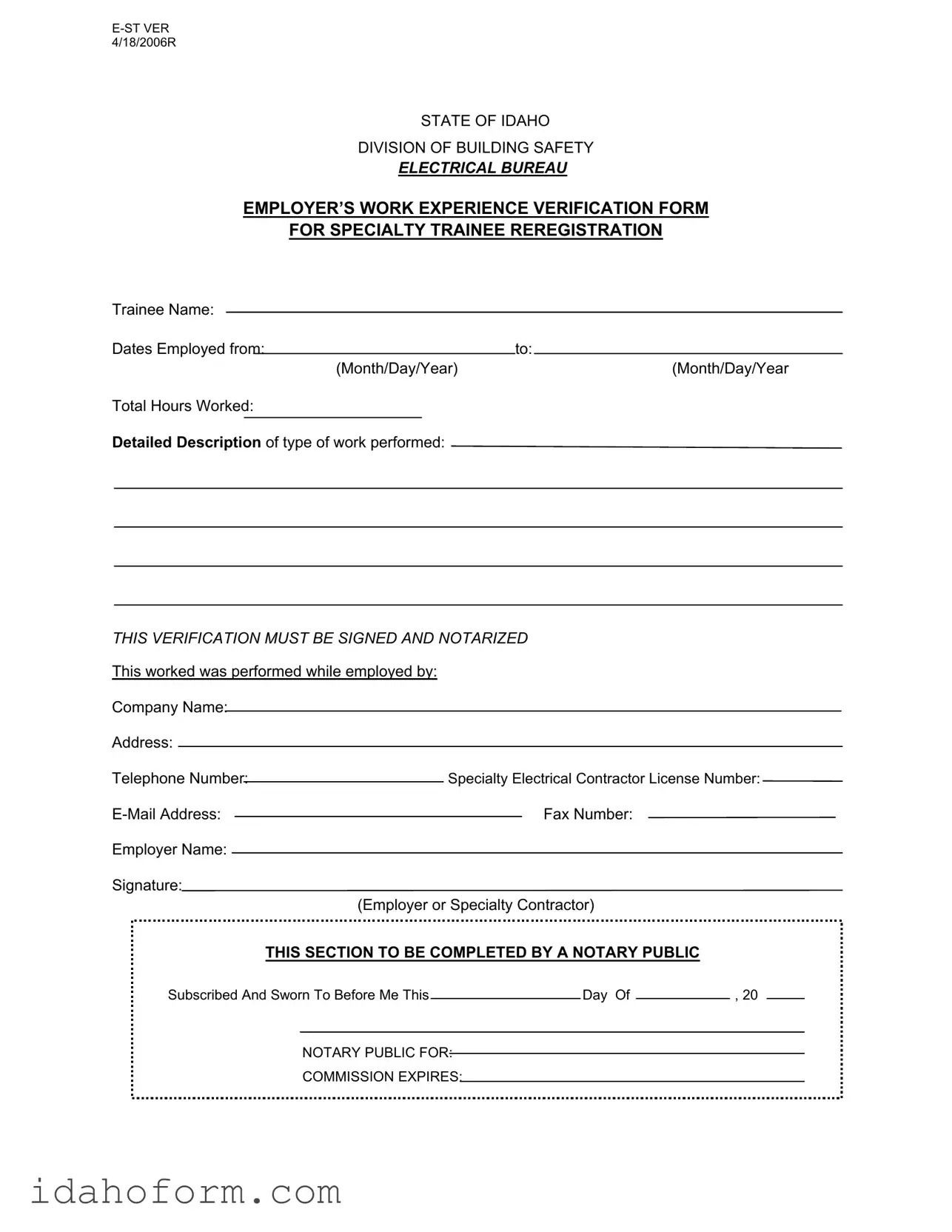 Fillable Idaho E St Ver Template