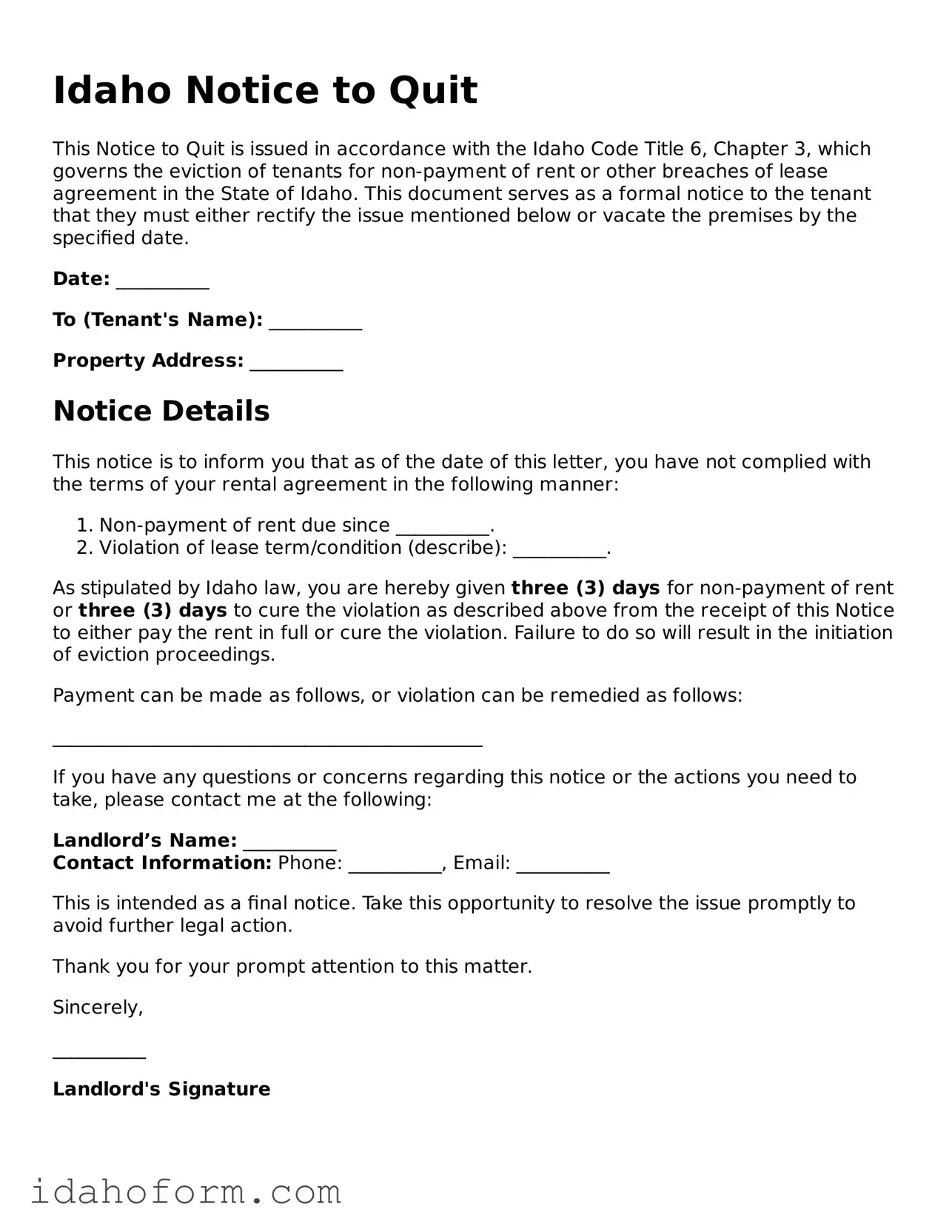 Printable  Notice to Quit Form for Idaho