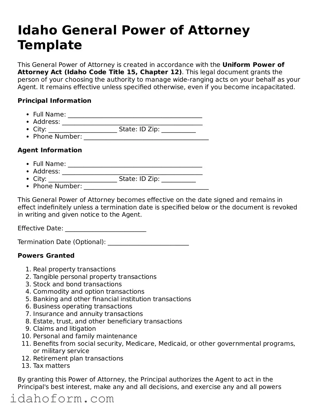 Printable  General Power of Attorney Form for Idaho