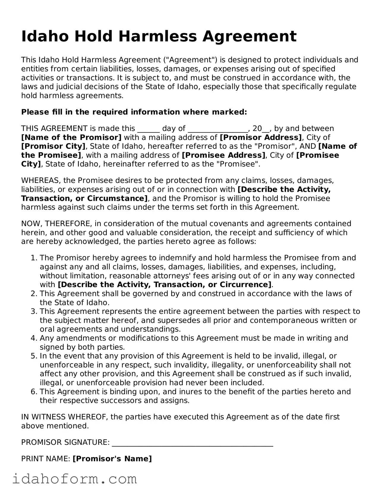 Printable  Hold Harmless Agreement Form for Idaho