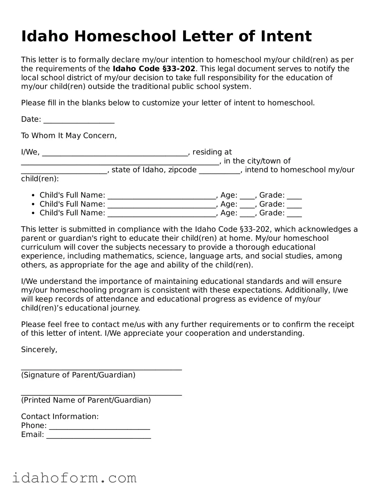 Printable  Homeschool Letter of Intent Form for Idaho