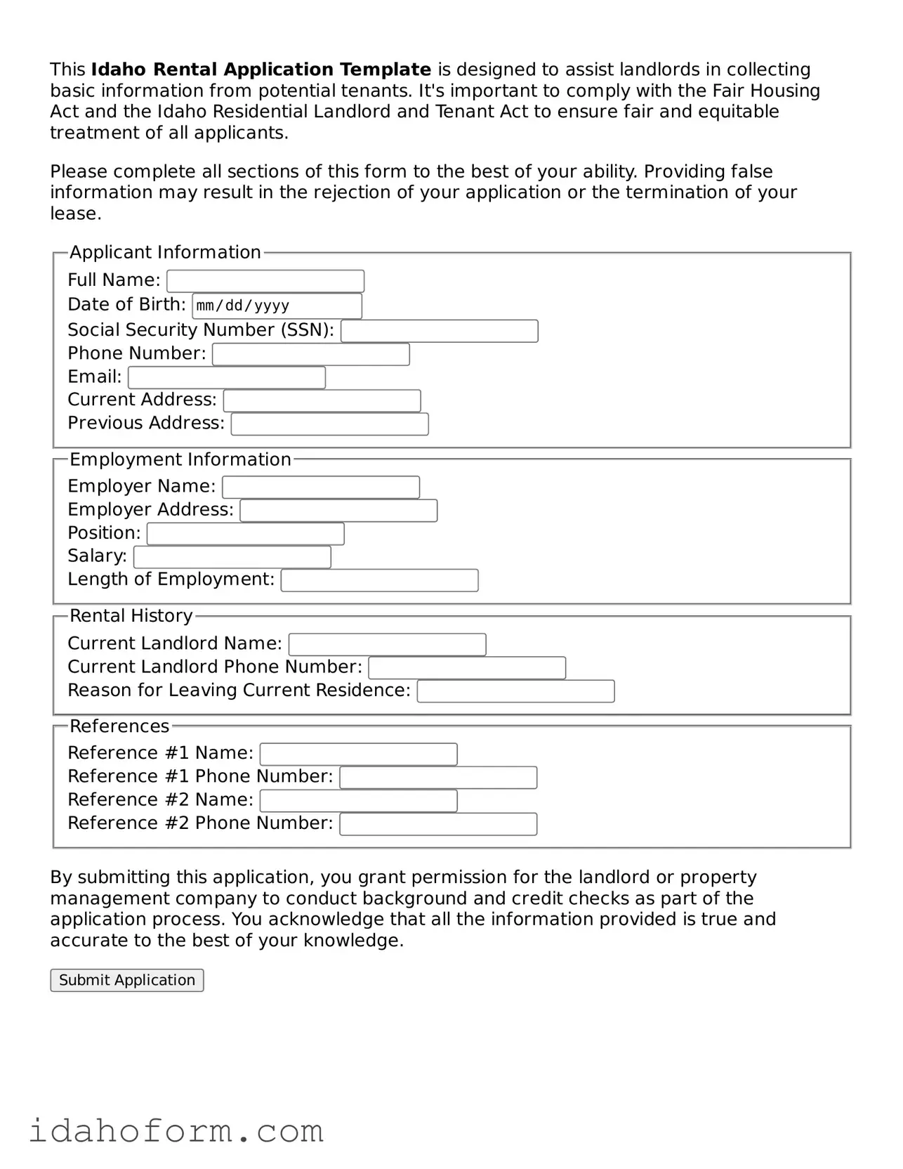 Printable  Rental Application Form for Idaho