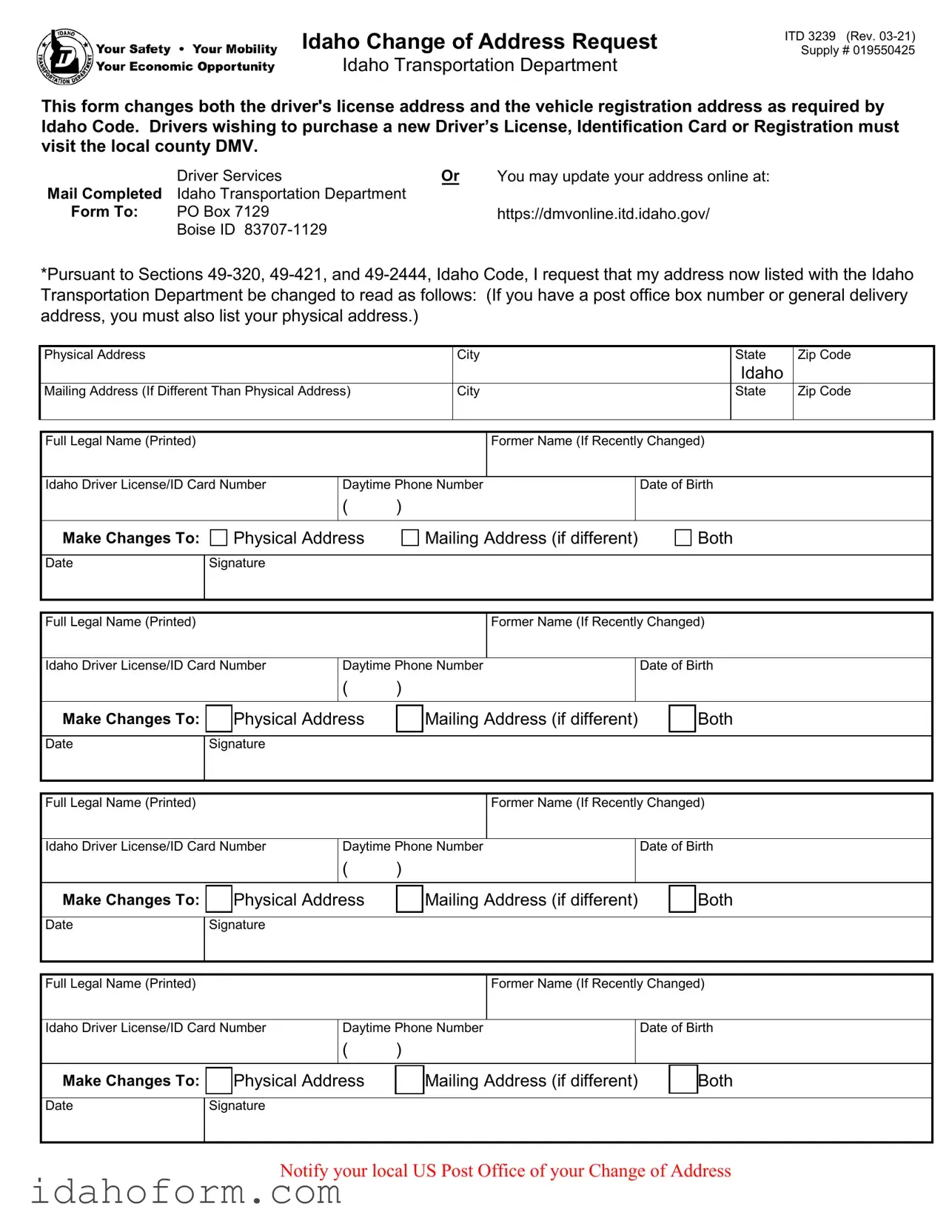 Fillable Idaho Itd 3239 Template