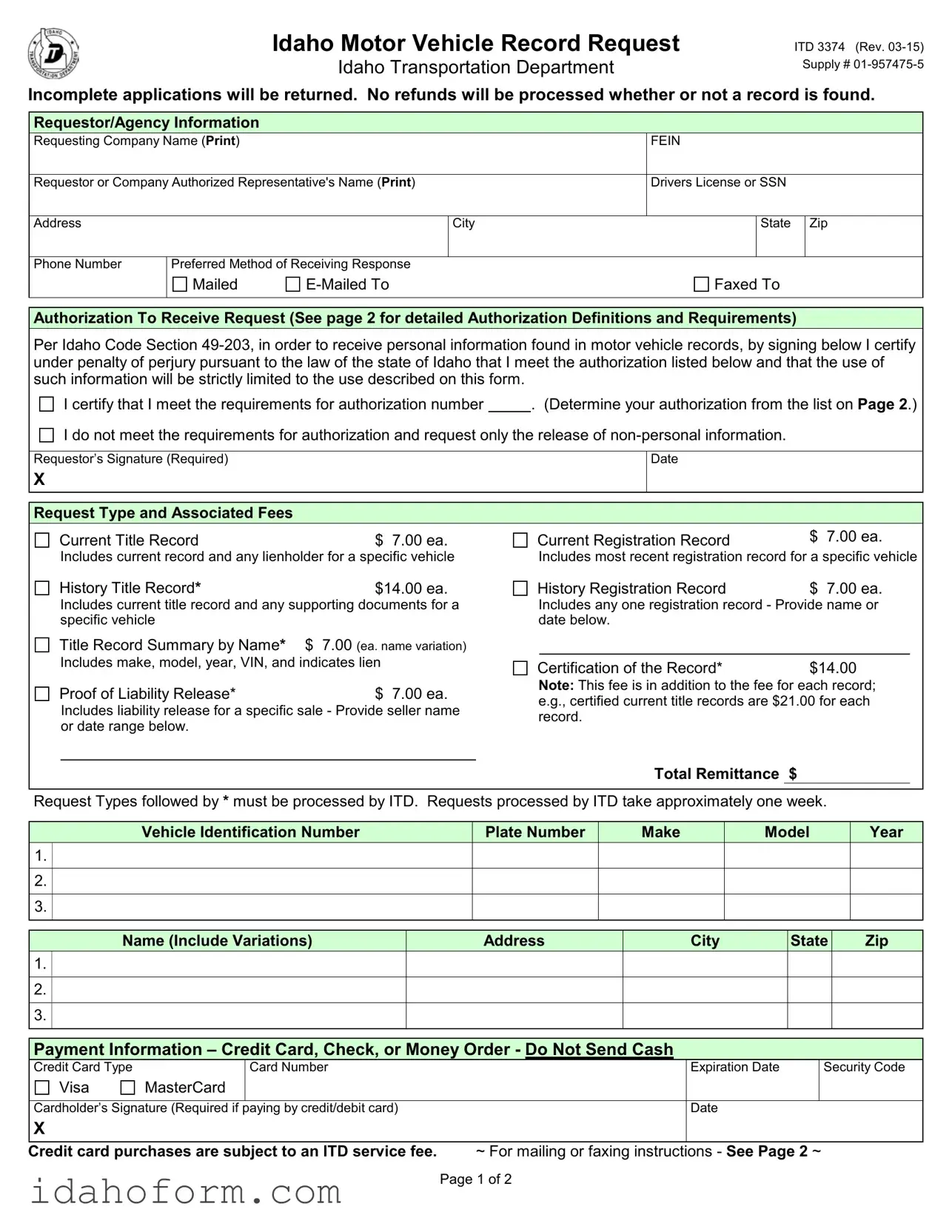 Fillable Idaho Itd 3374 Template