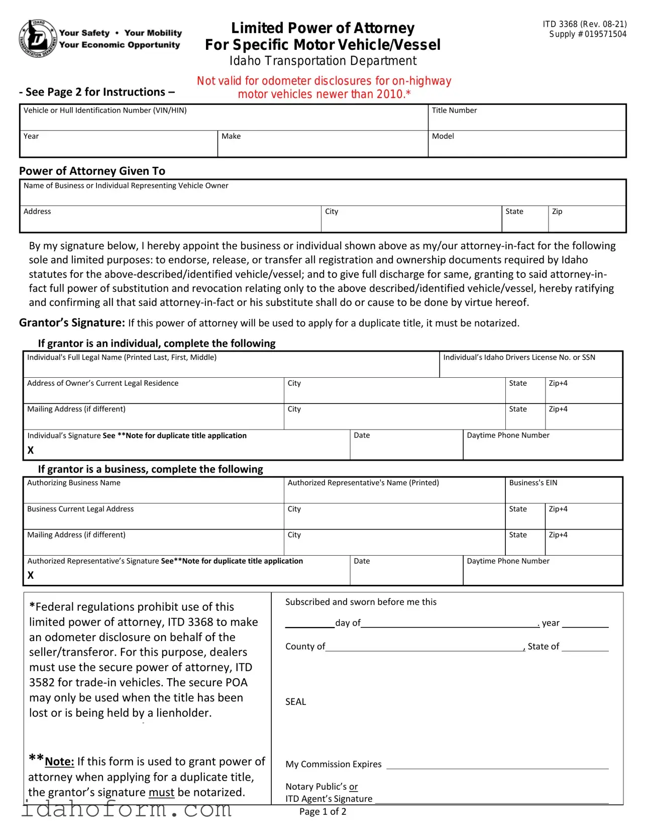 Fillable Idaho Itd Template