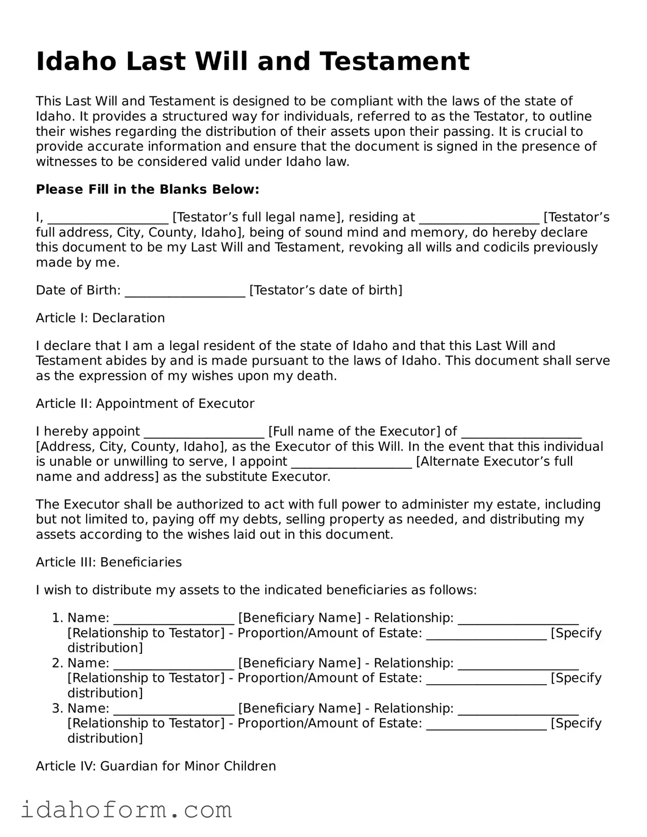 Printable  Last Will and Testament Form for Idaho
