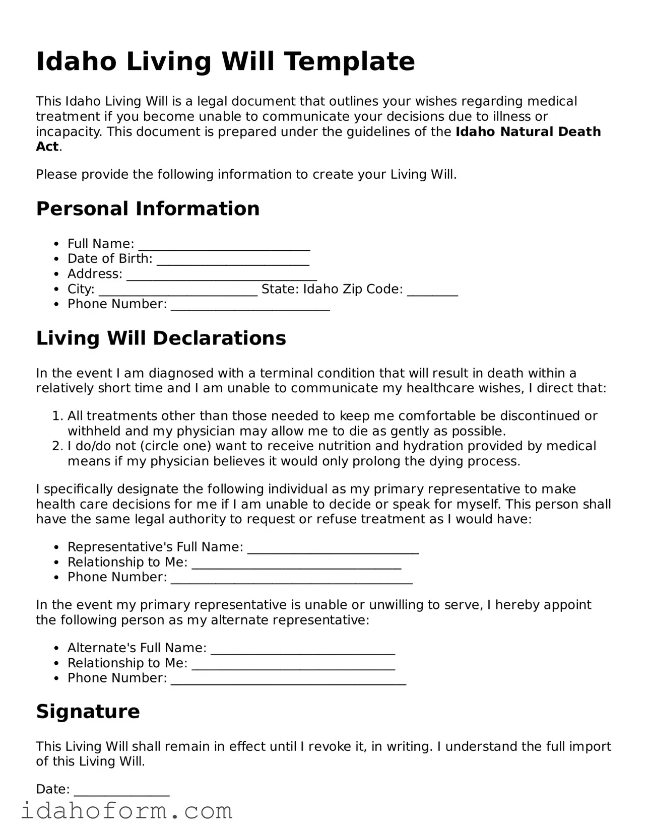Printable  Living Will Form for Idaho