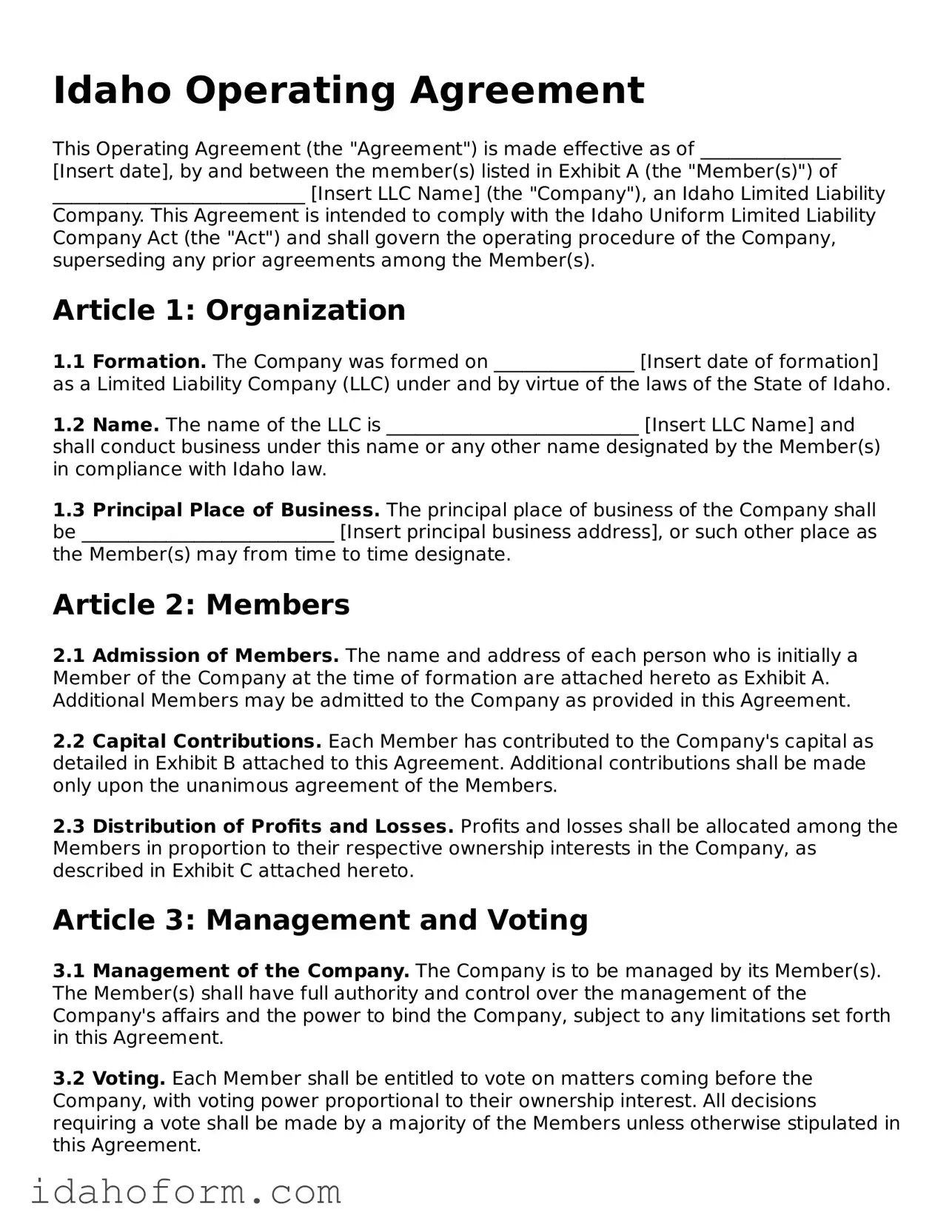 Printable  Operating Agreement Form for Idaho