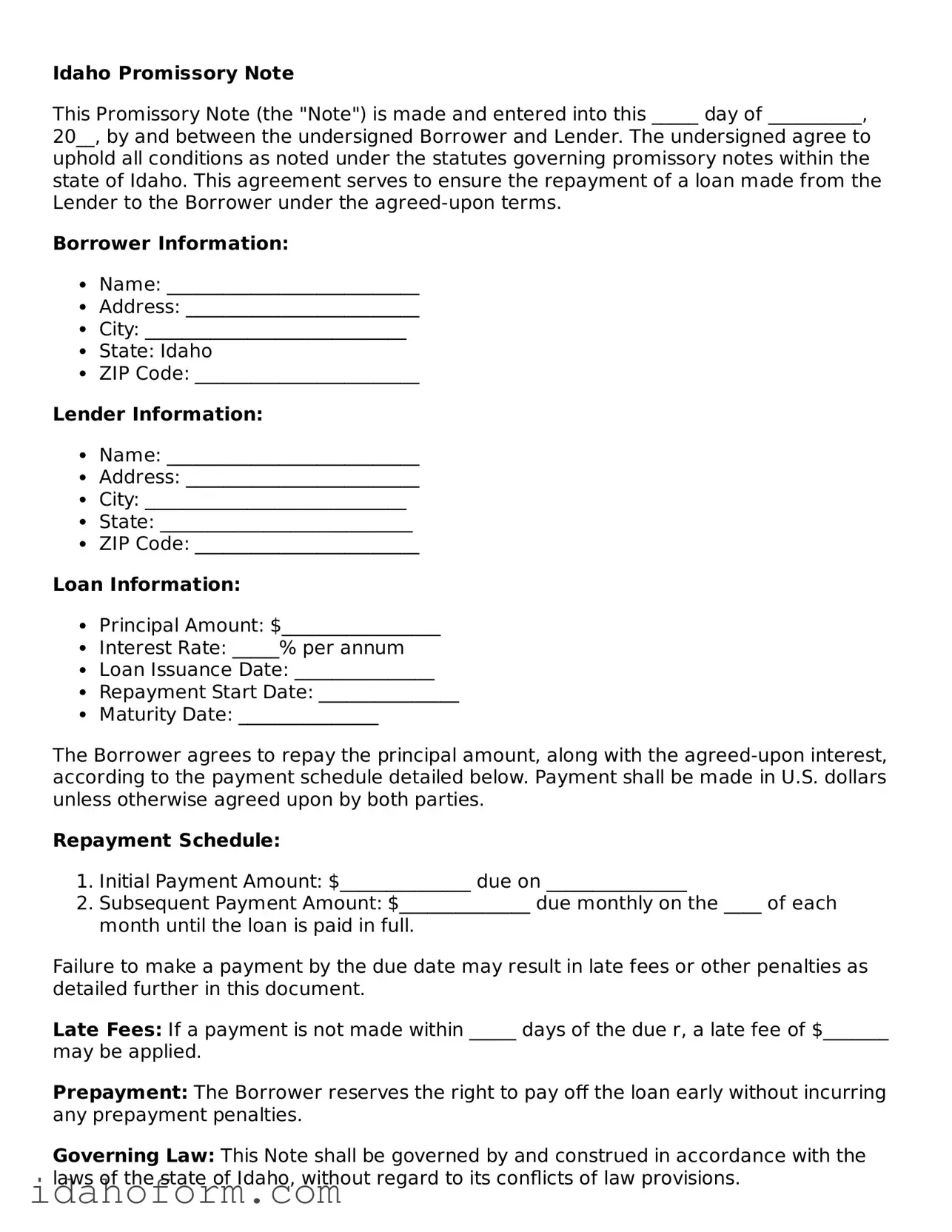 Printable  Promissory Note Form for Idaho