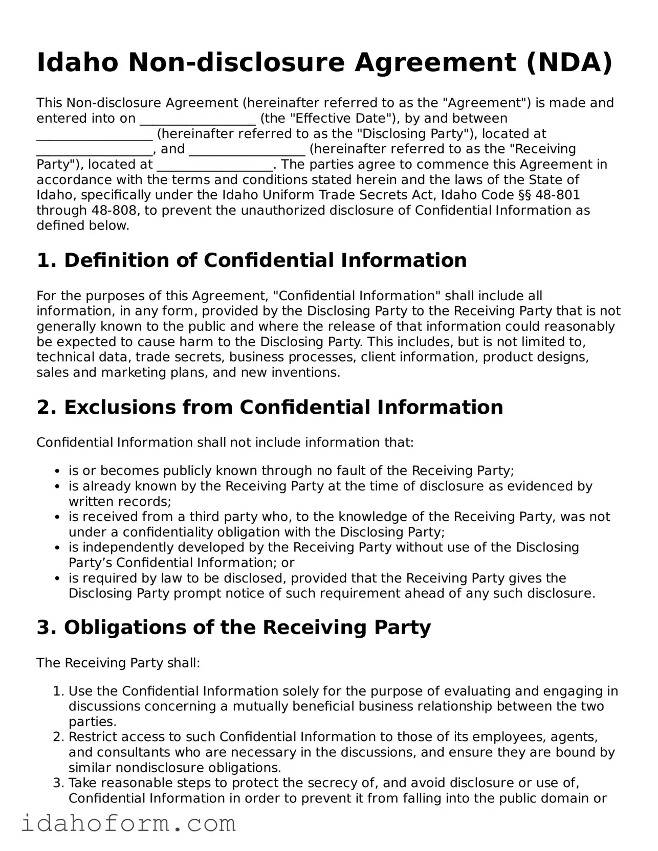 Printable  Non-disclosure Agreement Form for Idaho