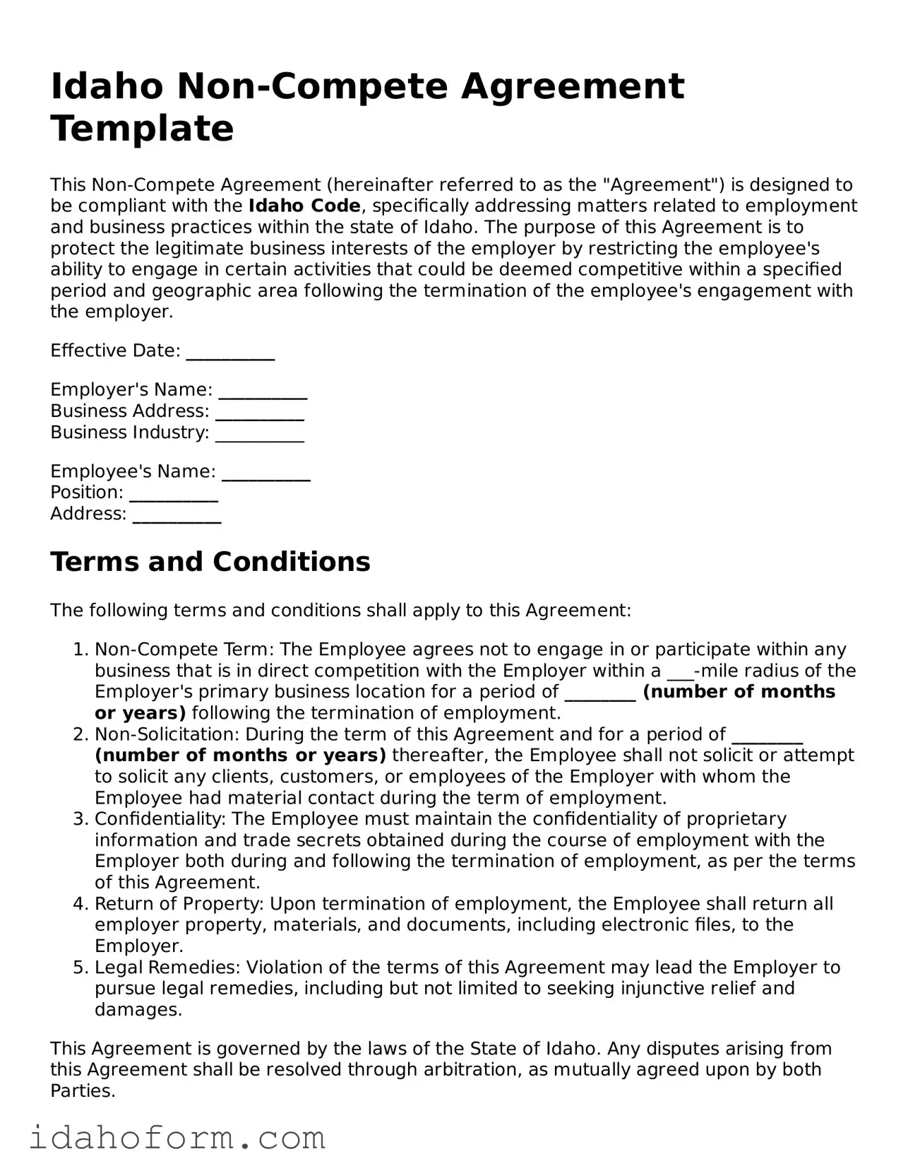 Printable  Non-compete Agreement Form for Idaho