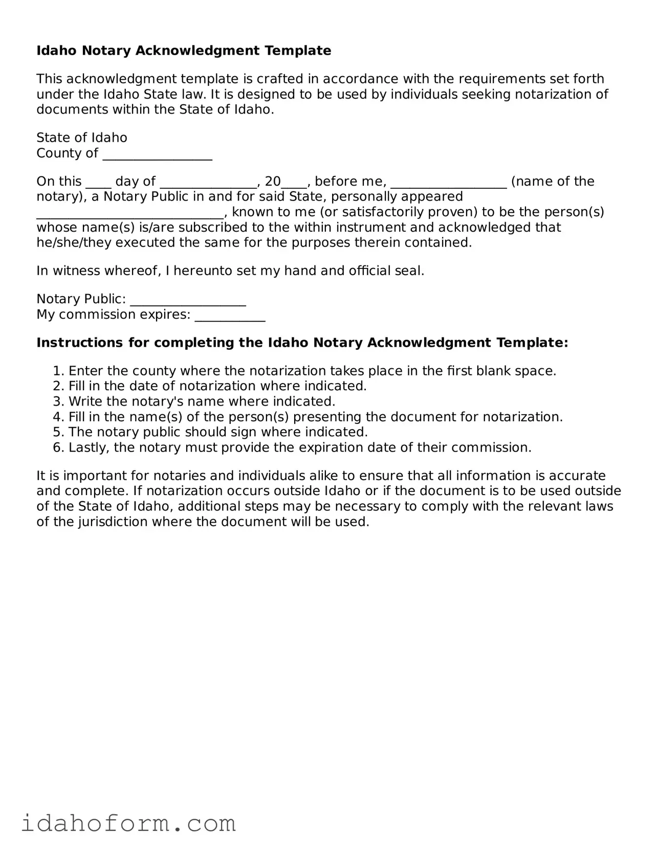 Printable  Notary Acknowledgement Form for Idaho