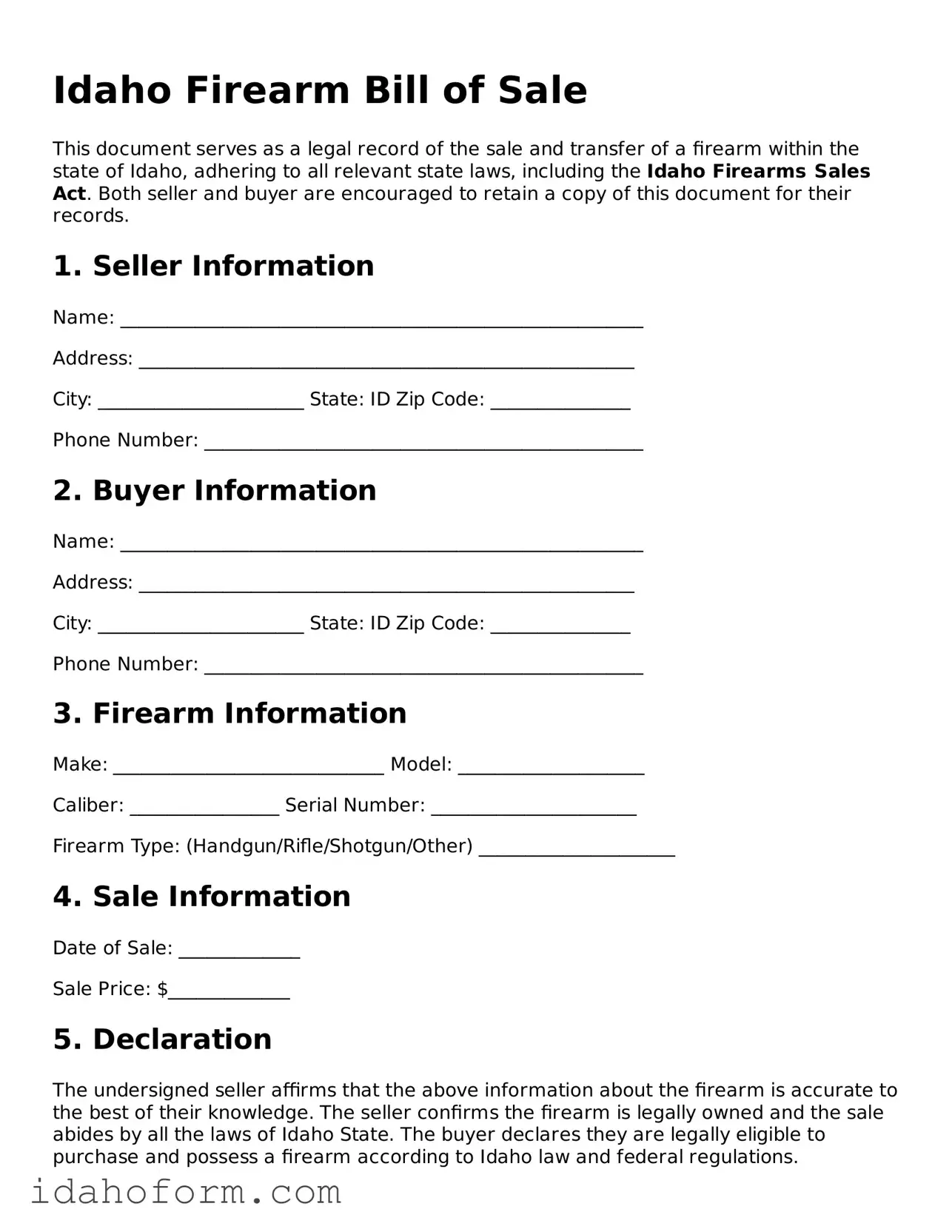 Printable  Firearm Bill of Sale Form for Idaho