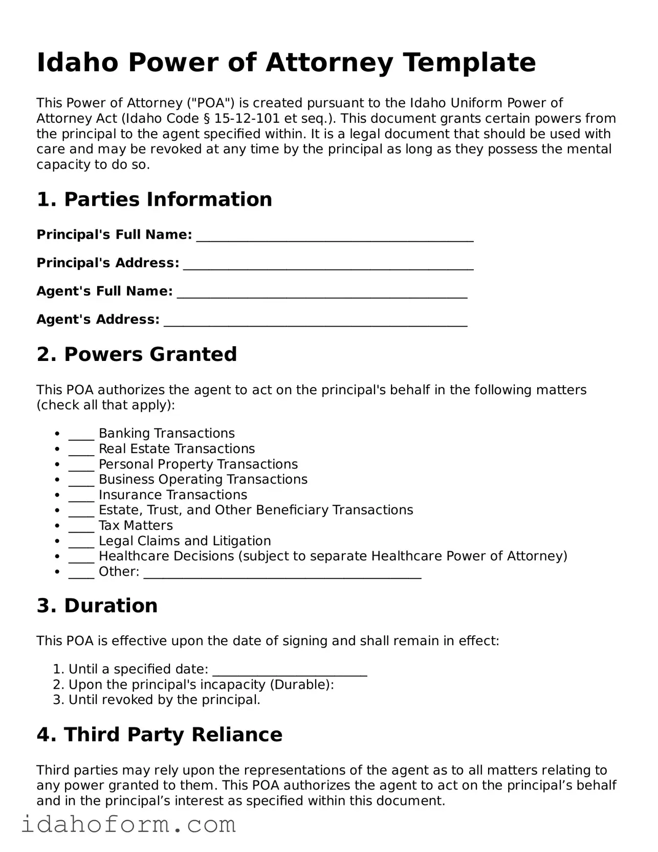 Printable  Power of Attorney Form for Idaho
