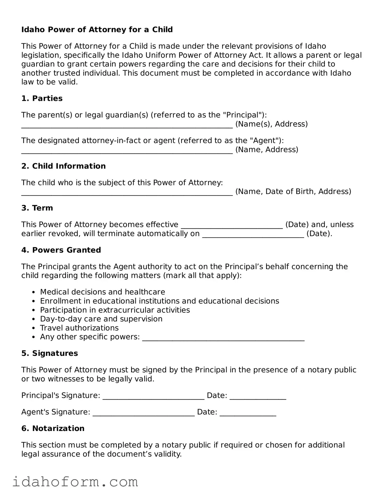 Printable  Power of Attorney for a Child Form for Idaho