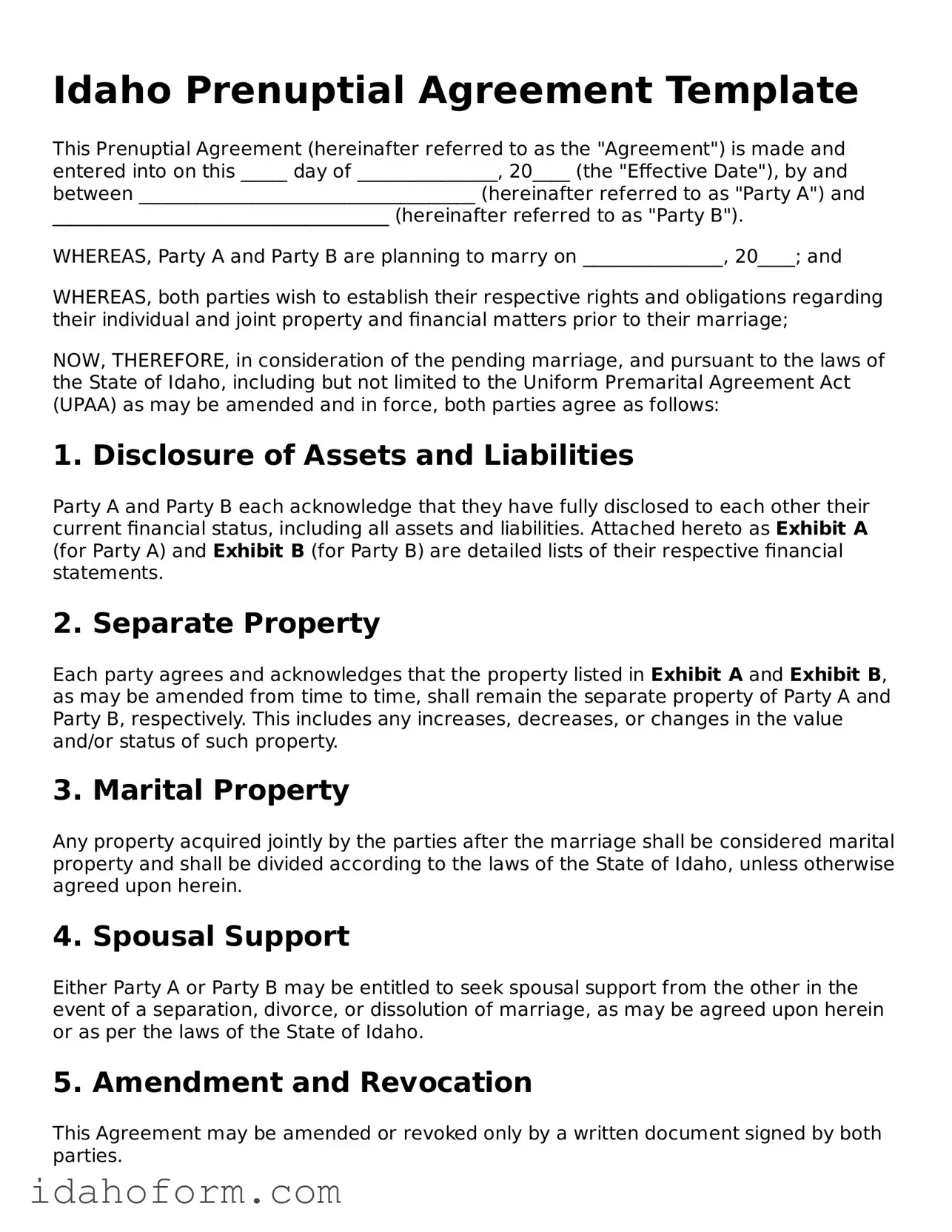 Printable  Prenuptial Agreement Form for Idaho