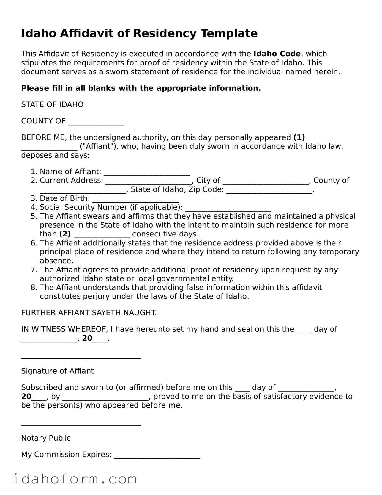 Printable  Affidavit of Residency Form for Idaho