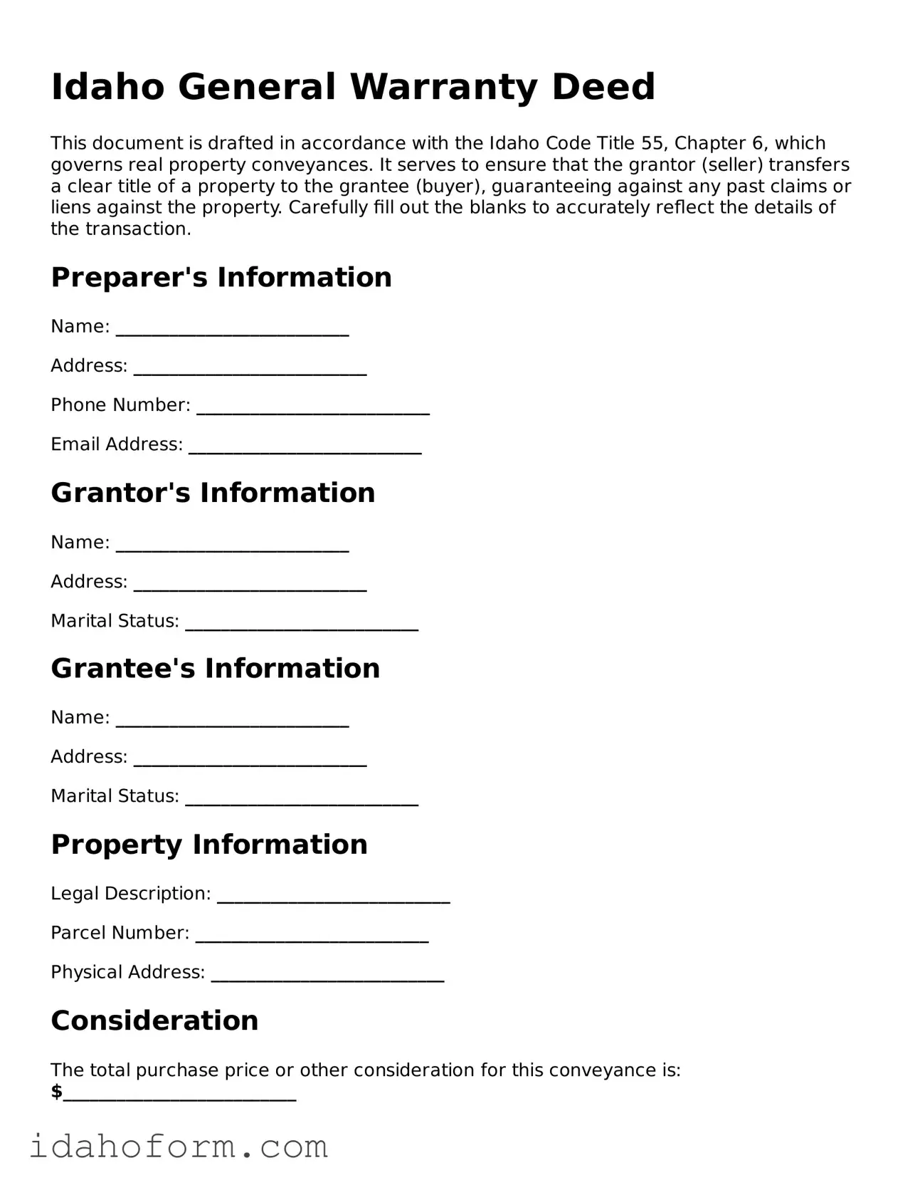 Printable  Deed Form for Idaho