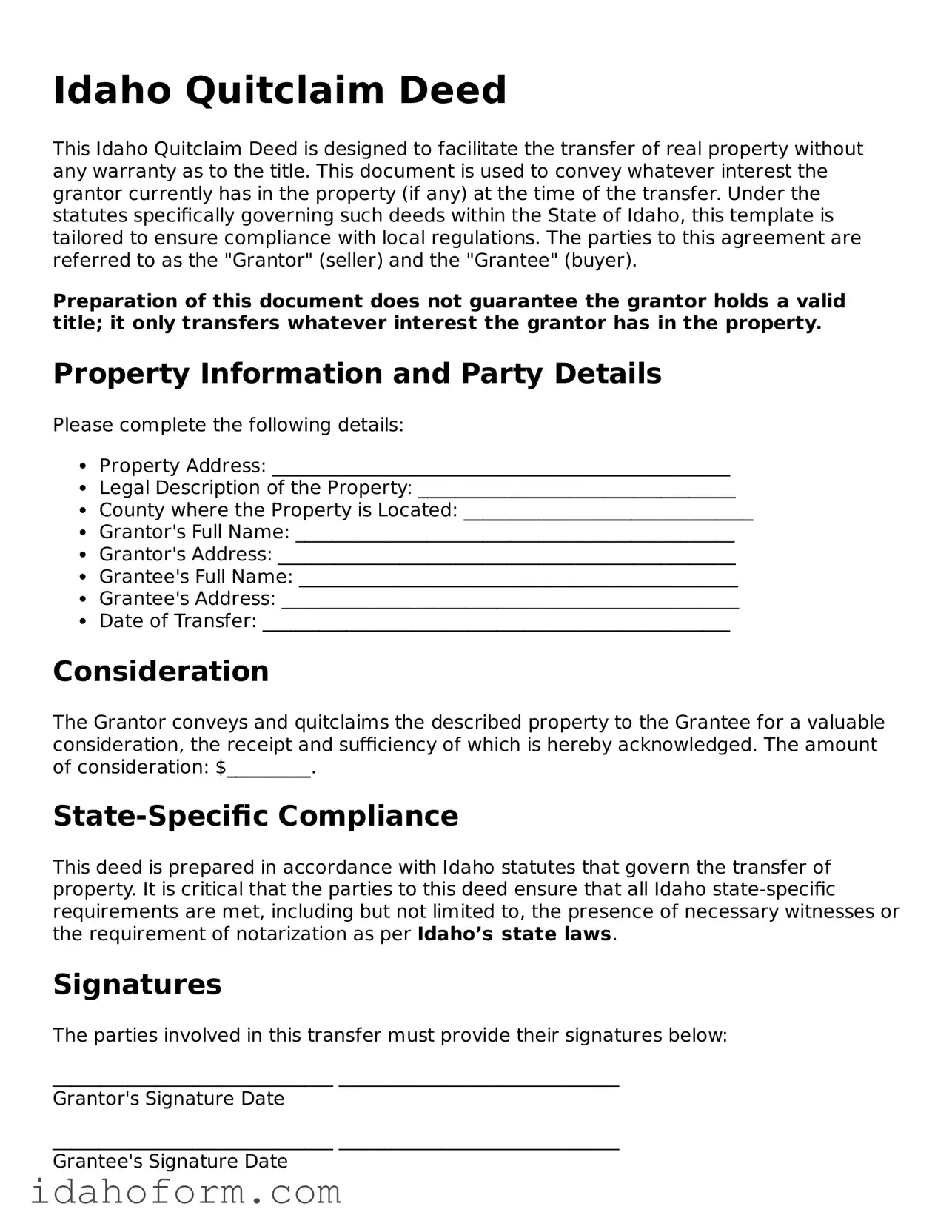 Printable  Quitclaim Deed Form for Idaho