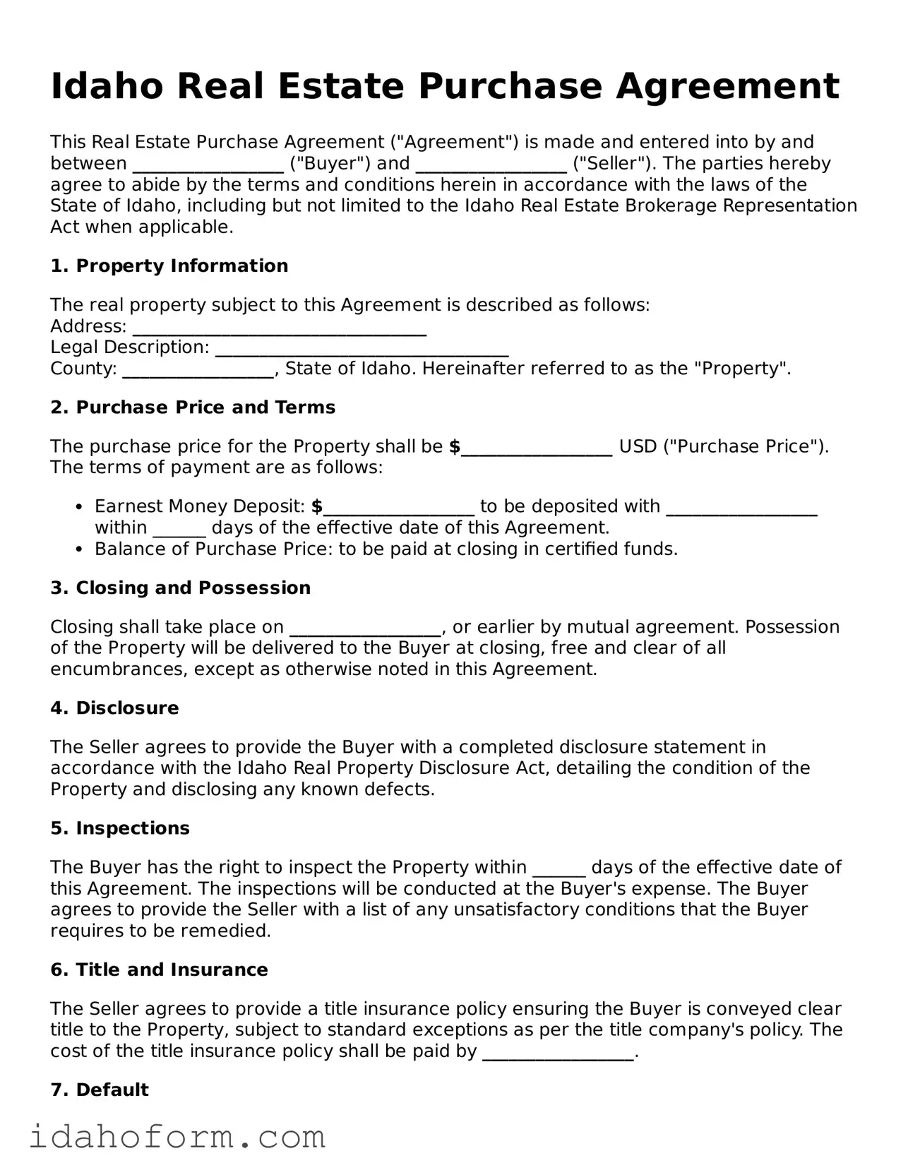 Printable  Real Estate Purchase Agreement Form for Idaho