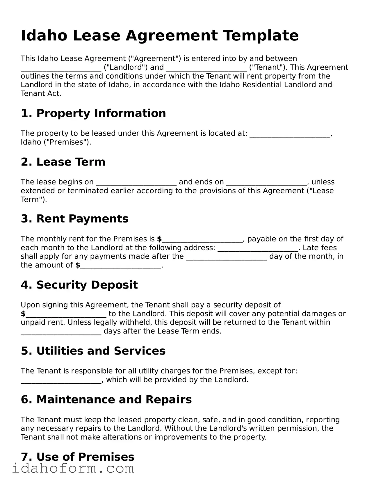Printable  Lease Agreement Form for Idaho