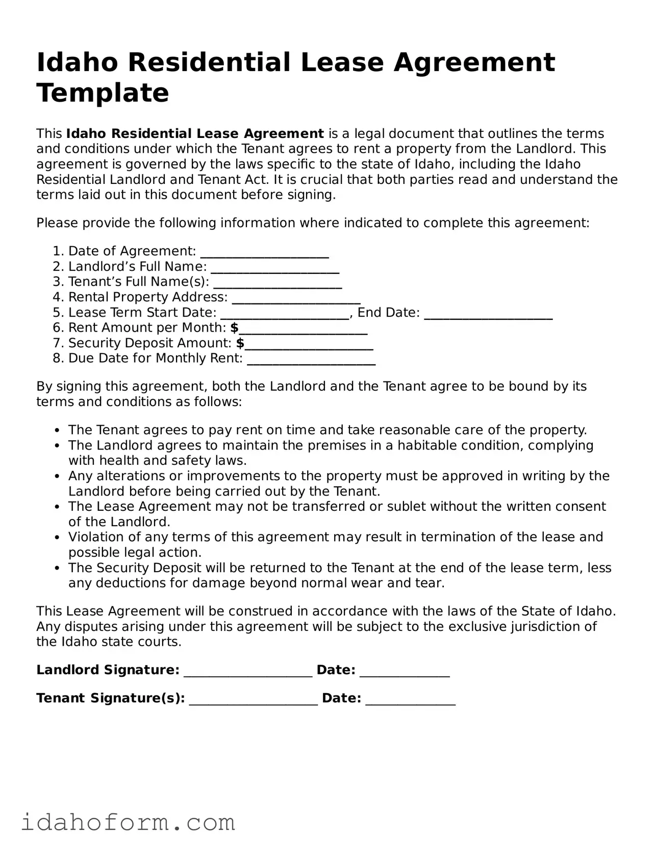 Printable  Residential Lease Agreement Form for Idaho