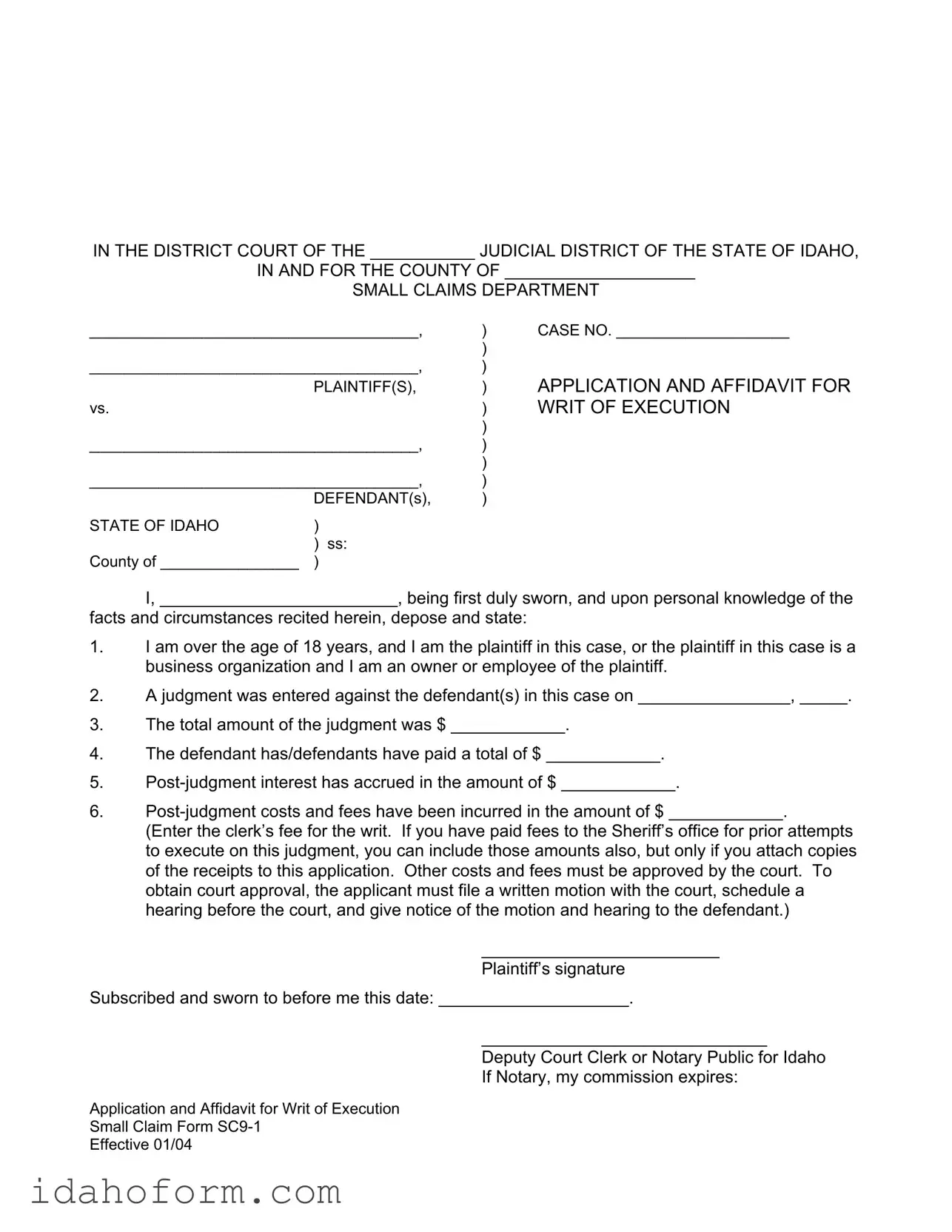Fillable Idaho Sc 9 1 Template