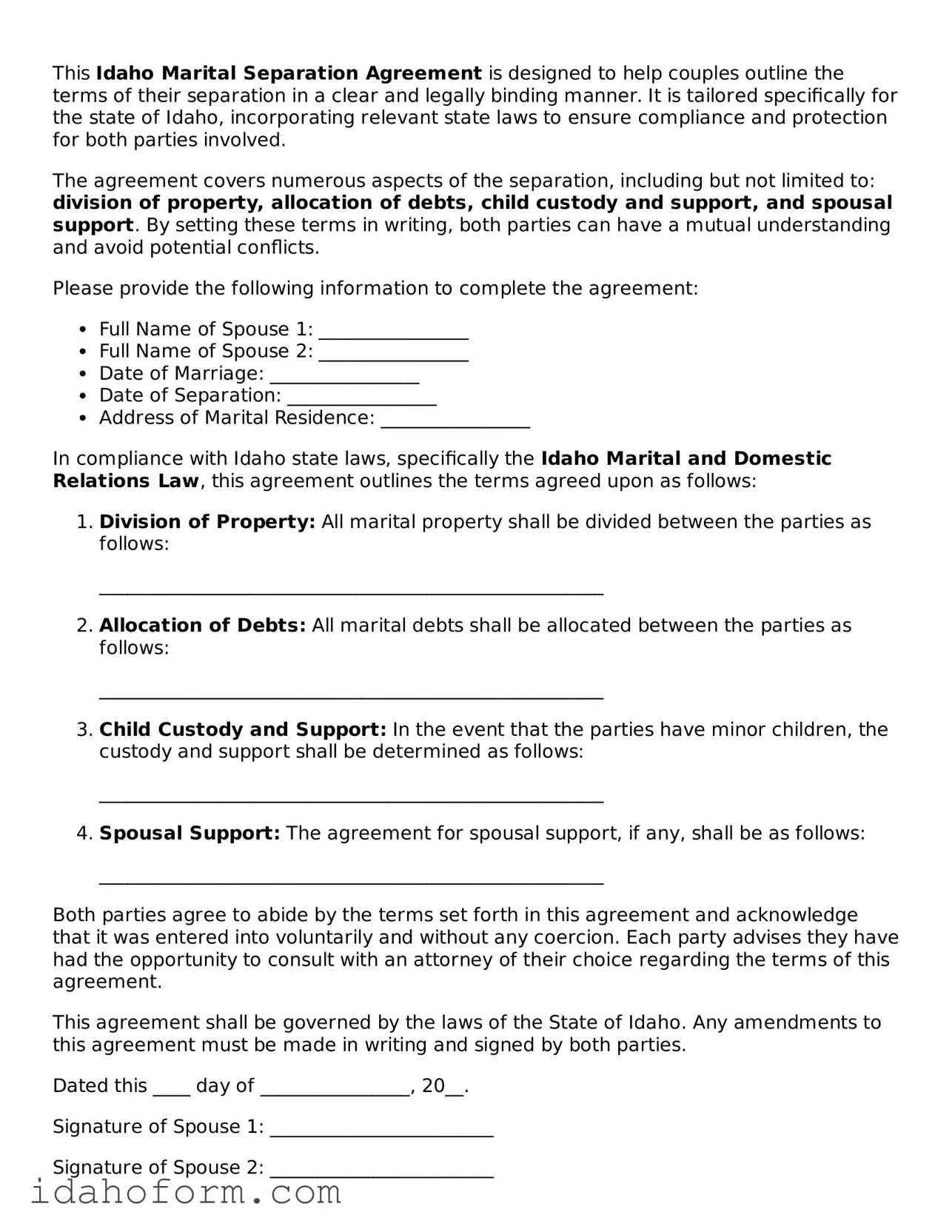 Printable  Marital Separation Agreement Form for Idaho