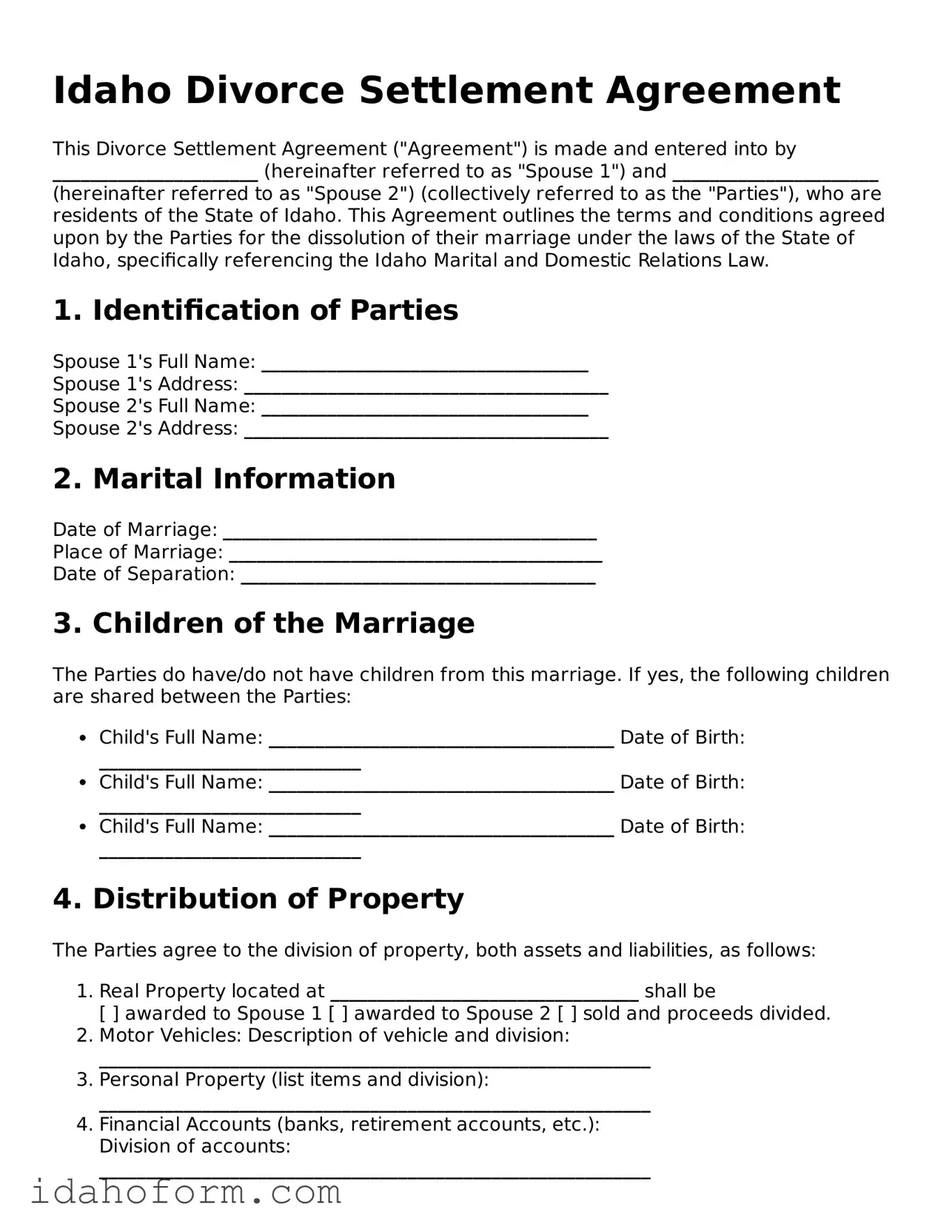Printable  Divorce Settlement Agreement Form for Idaho