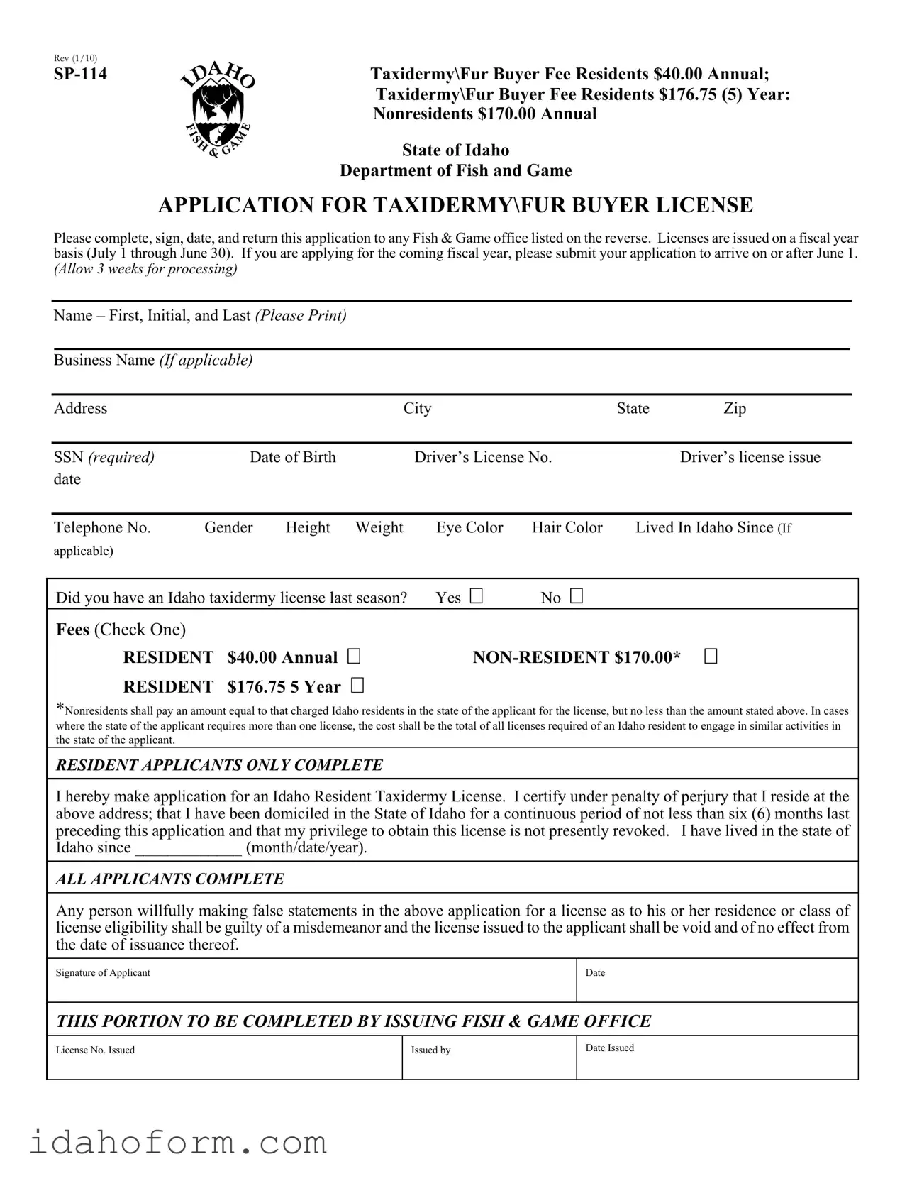Fillable Idaho Sp 114 Template
