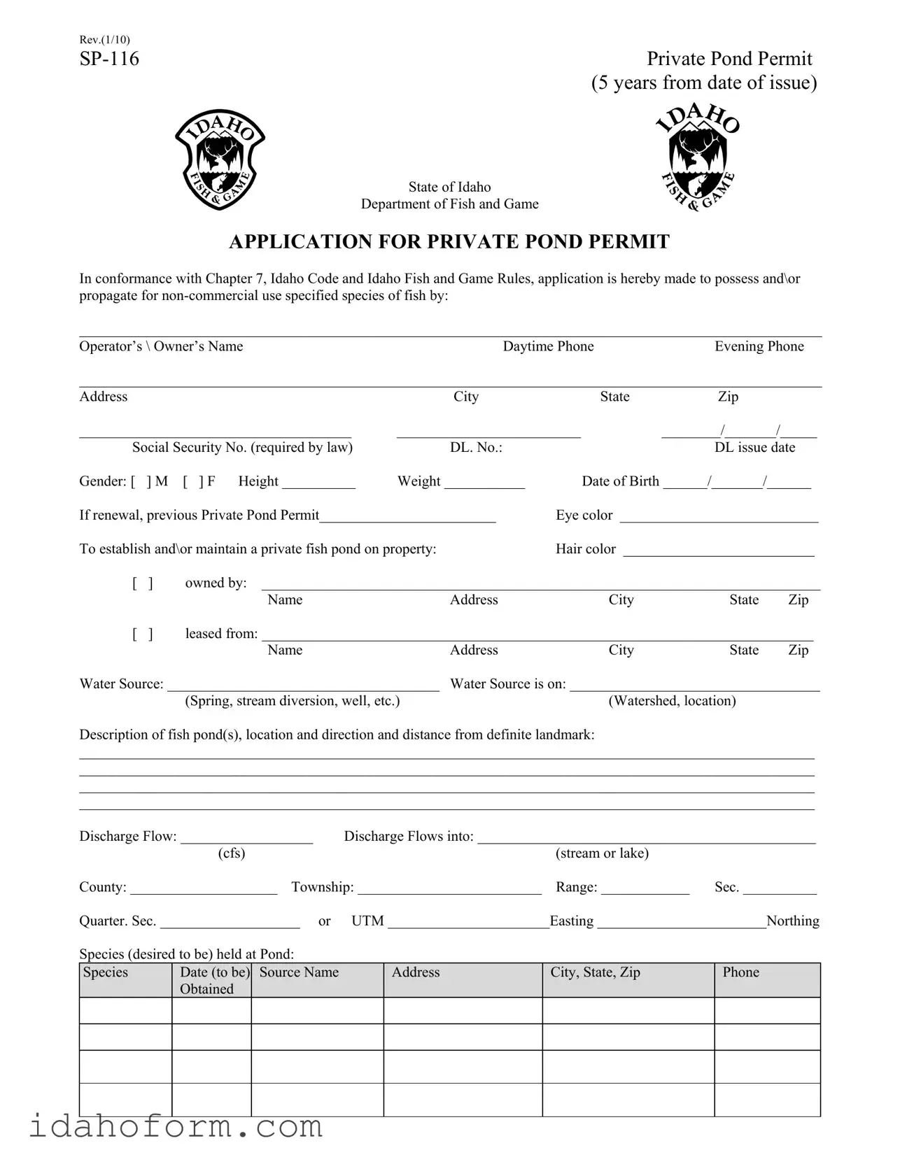 Fillable Idaho Sp 116 Template