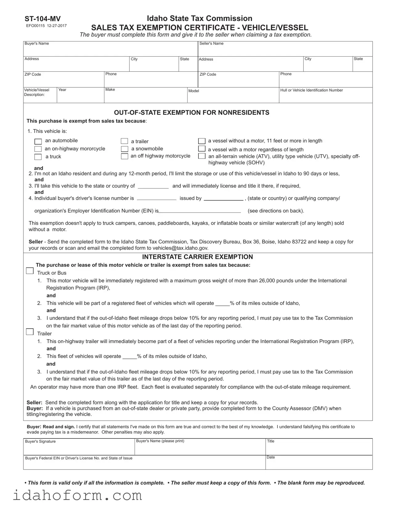 Fillable Idaho St 104 Mv Template