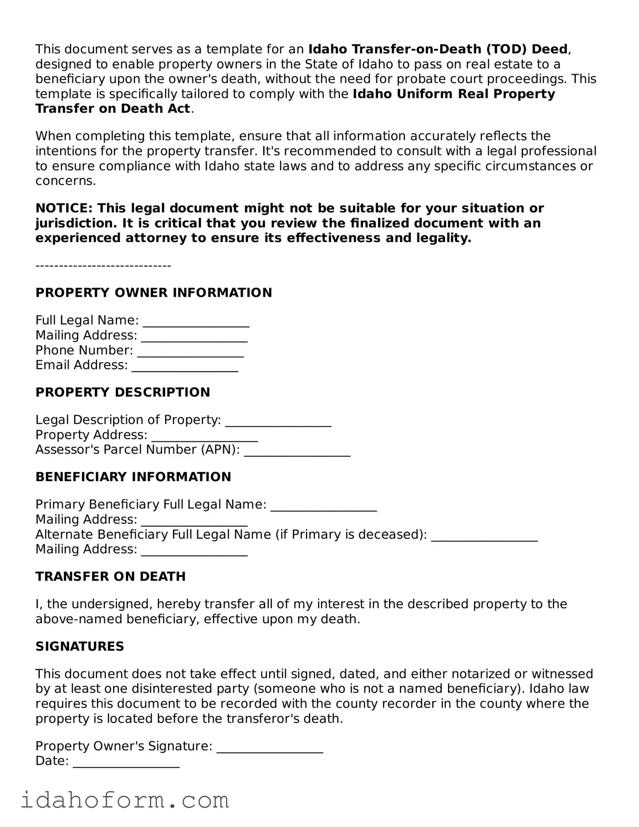 Printable  Transfer-on-Death Deed Form for Idaho