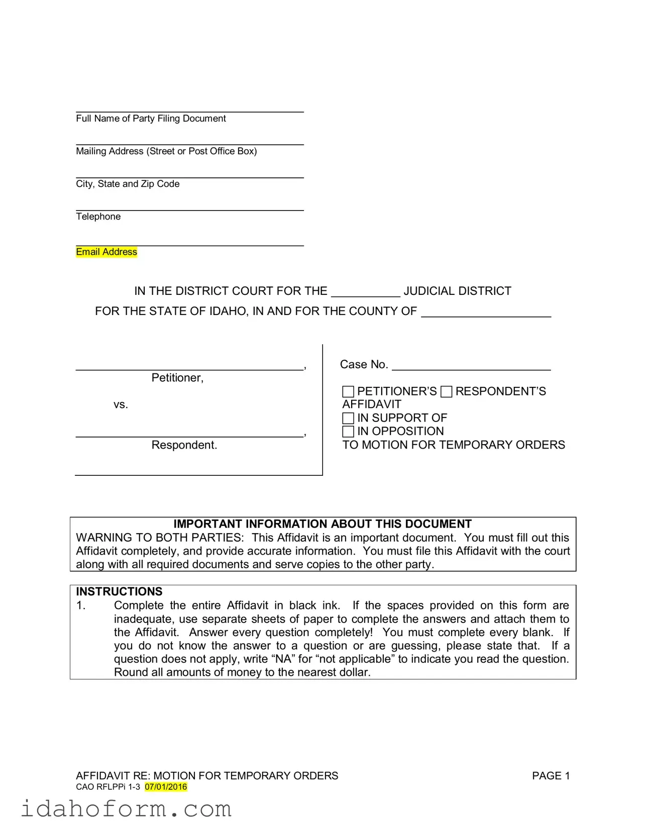 Fillable Motion For Temporary Orders Idaho Template